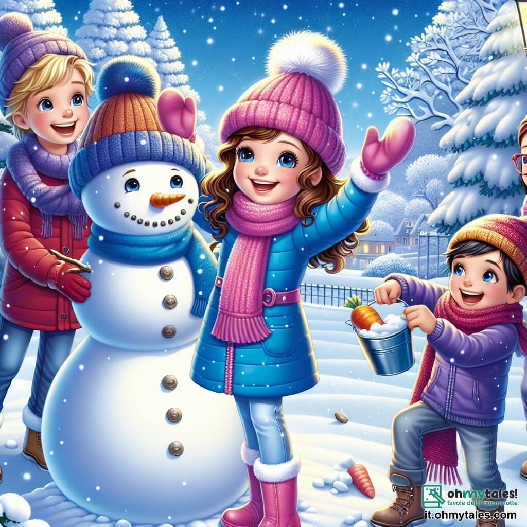 Una ragazza di 9 anni, di nome Sofia, si trova al centro della scena, con un grande sorriso sul viso. Indossa un bel cappotto blu vivo, un berretto rosa di lana e guanti abbinati. I suoi capelli castani, leggermente ricci, spuntano dal berretto. Sofia sta costruendo un grande pupazzo di neve, alzando le braccia con entusiasmo, con gli occhi scintillanti di gioia. Accanto a lei, un gruppo di tre bambini, due ragazzi e una ragazza, la aiutano. Un ragazzo con capelli biondi e occhiali tiene una carota per il naso del pupazzo di neve. L'altro ragazzo, con capelli castani e una sciarpa rossa, raccoglie sassolini per gli occhi. La ragazza, con trecce nere e un cappotto viola, sorride tenendo un secchiello per il cappello. La scena si svolge in un incantevole parco invernale, dove gli alberi sono coperti di neve scintillante e il terreno è ricoperto da un spesso manto bianco. Il cielo è azzurro chiaro, punteggiato di nuvole bianche e soffici, e fiocchi di neve cadono dolcemente intorno a loro, aggiungendo un tocco magico all'atmosfera. Sofia e i suoi amici stanno creando un pupazzo di neve allegro, ridendo e divertendosi insieme, mentre la neve continua a cadere, rendendo la scena ancora più fiabesca.