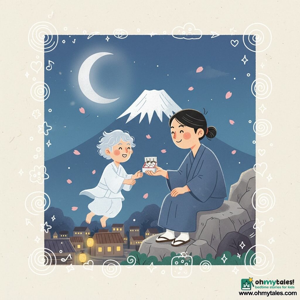 Haruto, a kind ~30-year-old man in a simple indigo kimono, sits on a rock by moonlight smiling and offering a small box of white mochi with an open hand; opposite him floats Kaito, a translucent boylike spirit of about 12 in flowing white robes with tousled hair and a surprised joyful expression; Mount Fuji silhouette and a large silver crescent moon rise in the background, pink cherry petals drift, a small Japanese village with brown tiled roofs and warm lanterns lies below, the scene is soft nighttime with deep blues, pink accents and warm lantern light, hands nearly touching to show tender friendship and wonder, with small white doodles (stars, music notes, tiny hearts) overlaid; style: flat youthful illustration, fine outlines, saturated colors, paper texture and soft shadows.