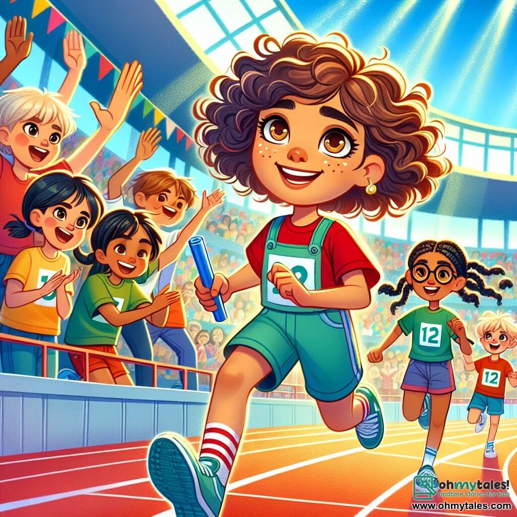 A 12-year-old girl, Lila, with curly brown hair and sparkling determined eyes, runs on a track, a wide smile on her face, arms outstretched to pass the baton to her teammate. Next to her, 12-year-old Zoe, with blonde braids and a red t-shirt, enthusiastically encourages her, her eyes shining with excitement. In the background, a 12-year-old boy, Ben, wearing glasses and blue shorts, claps with a big smile, while another girl, Priya, with black hair and a green t-shirt, jumps for joy with her arms raised. The scene takes place in a vibrant gymnasium, with stands filled with enthusiastic spectators, colorful banners fluttering above the track, and rays of sunlight filtering through the windows, illuminating the festive atmosphere. The main focus shows Lila in full stride, ready for the baton exchange, capturing the energy, teamwork spirit, and joy of the moment.