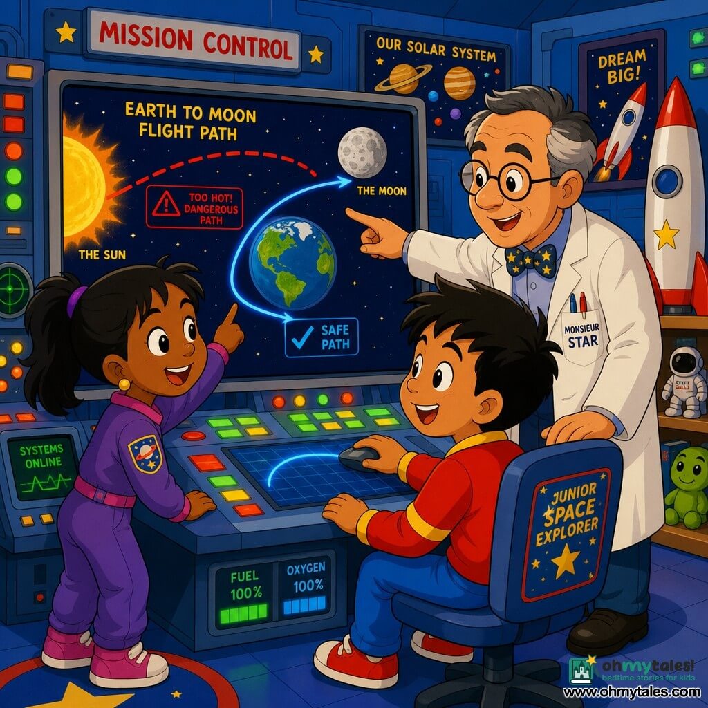 The main character is Leo, a round-faced boy with bright eyes and a curious smile, enthusiastic and focused, sitting before a large glowing screen tracing a rocket trajectory with a mouse; Maya, a girl with black hair in a ponytail, stands to Leo's left smiling and pointing at the screen; Mr. Star, a kindly mentor with salt-and-pepper hair and round glasses, stands behind them pointing at the display. They collaborate in a colorful space control room with blue walls, glowing panels, planet posters and a rocket model; on a large Earth–Moon map Leo alters a dangerous red path near the sun into a safe blue trajectory, creating a warm, optimistic atmosphere.
