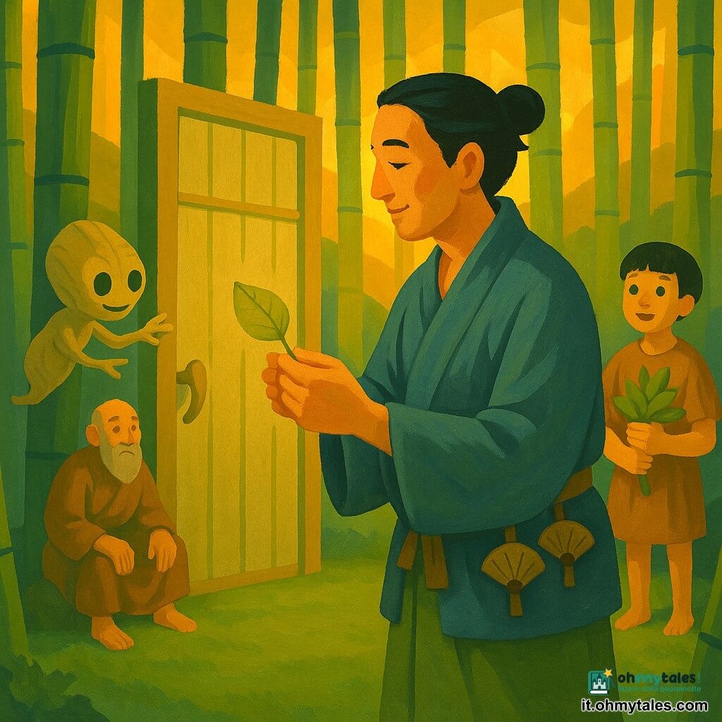 L'uomo principale, sulla trentina, volto dolce e sguardo calmo, con un kimono indaco e verde muschio, capelli neri raccolti in un basso chignon e due piccoli ventagli alla cintura, tiene tra le mani una piccola foglia pallida e si avvicina a una porta di canne di bambù; a sinistra della porta fluttua un kodama, piccolo e rugoso come una foglia secca, occhi rotondi e curiosi che tendono una mano verso la foglia; sullo sfondo a destra un ragazzo di circa otto anni con capelli corti e una tunica semplice osserva stupito tenendo un mazzo di foglie; più lontano un vecchio monaco dalla barba brizzolata, vestito di marrone terra, è seduto vicino a un piccolo fuoco e contempla tranquillamente la porta; il luogo è una radura coperta di muschio smeraldo circondata da alti steli di bambù, la porta di canne svetta senza muro e la luce dorata del crepuscolo filtra tra i bambù, atmosfera calma e magica con contrasti di bambù liscio, muschio morbido e tessuto stropicciato e colori naturali e caldi.