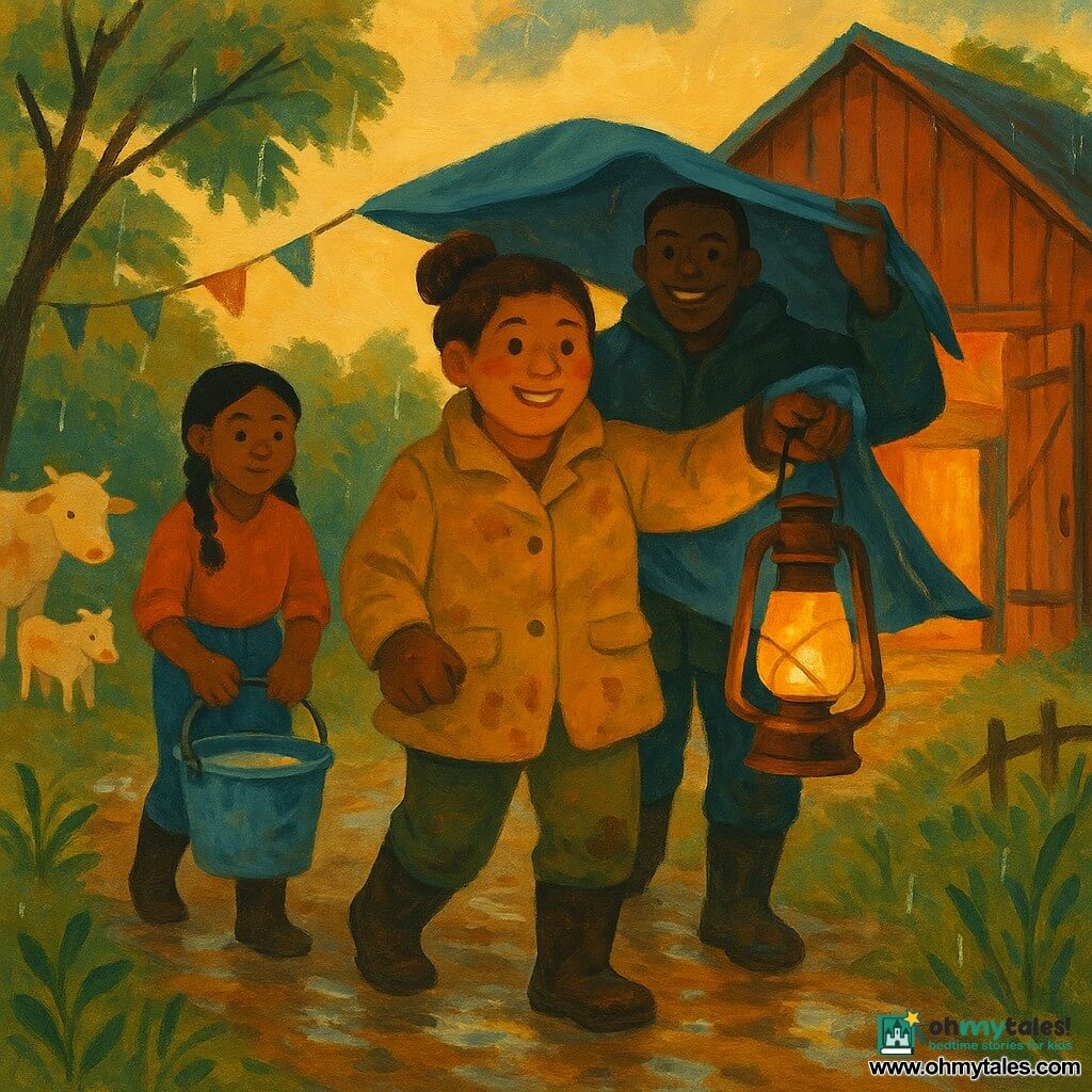 An adult woman, Marta, round warm face, brown hair in a bun, relieved and determined expression, mud-stained canvas jacket and boots, holding a lantern and walking ahead toward a small farm; behind her to the right is Tomas, a tall stocky man with short rain-wet hair, smiling reassuringly and holding a tarp, and to Marta’s left follows Lila, a courageous fifteen-year-old girl with braided hair and gloves carrying a bucket of water; the scene is at the muddy edge of a small farm after a storm—glossy mud, droplets on grass, a red wooden barn with slightly open doors casting warm yellow light, boots and tools laid out, windswept trees and torn wet bunting—mood of solidarity and relief; palette of warm light yellows and oranges, deep greens, browns and ochres with blue-gray sky; acrylic painting style with visible brushstrokes, thick textures, soft outlines, composition centered on the figures approaching the barn.