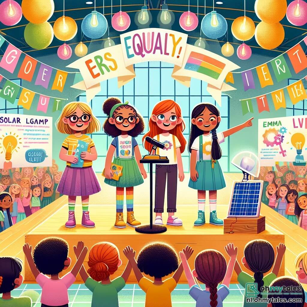 Vier meisjes van 10 jaar staan samen op een schoolpodium. Luna, met bruin haar en een bril, houdt een prototype van een zonnepaneel vast, stralend van trots. Noor, met blond, krullend haar, glimlacht en maakt een bemoedigend gebaar naar het publiek. Emma, met rood haar en een vlecht, houdt een kleurrijke poster over gendergelijkheid vast, terwijl Liv, met zwart, steil haar, naar de lucht wijst, vol enthousiasme. De scène speelt zich af in een grote gymzaal, versierd met kleurrijke ballonnen en spandoeken met inspirerende boodschappen over gelijkheid. Leerlingen die op banken zitten, applaudisseren en luisteren aandachtig. De meisjes presenteren hun project over gendergelijkheid en hun uitvinding, een lamp die op zonne-energie werkt, waarmee ze laten zien dat meisjes grote uitvinders kunnen zijn. De sfeer is vol energie en opwinding, wat de kracht van vriendschap en het geloof in jezelf illustreert.