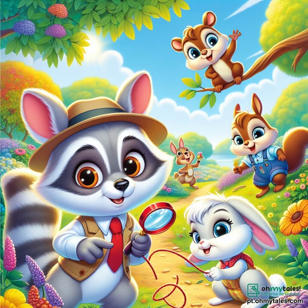 Nico, um ratinho fofo com grandes orelhas e pelagem cinza claro, usa uma lupa vermelha e tem uma expressão de intensa curiosidade, observando o chão atentamente. Ao seu lado, Lila, uma coelhinha vaidosa com patas longas e pelagem branca, olha entusiasmada para um fio de lã preso a um galho, seu rosto iluminado por um sorriso alegre. Tito, um esquilo de pelagem marrom e cauda espessa, sobe agilmente em um galho, seus olhos brilhando de excitação enquanto procura pistas. O cenário é um parque ensolarado, cheio de flores coloridas, grandes árvores com folhas verdes vibrantes, e um caminho de terra que serpenteia entre os arbustos. A cena retrata o momento em que o grupo de pequenos detetives descobre pistas para resolver o mistério da bola de lã desaparecida, cercado por uma atmosfera de aventura e camaradagem.