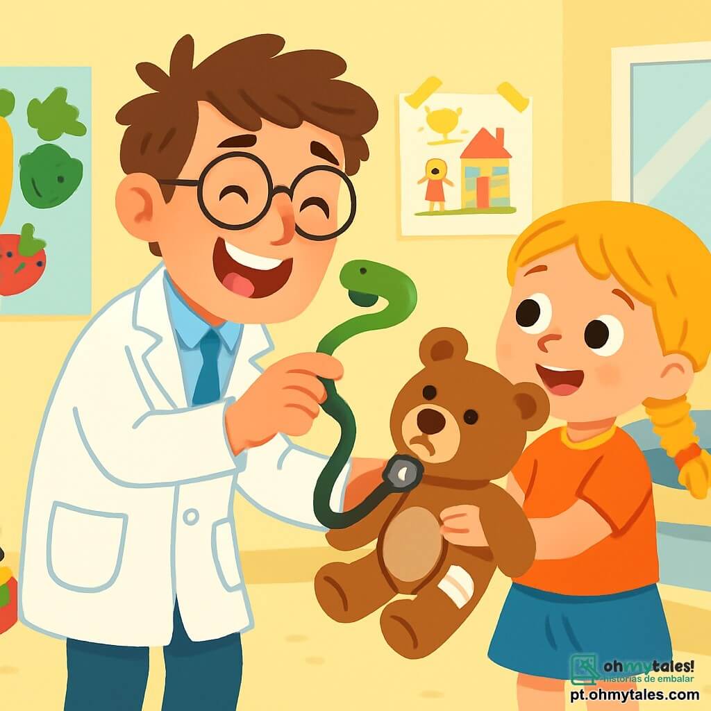 Um médico homem, o doutor Lucas, sorridente e bondoso, usa um jaleco branco brilhante. Ele tem cabelos castanhos bagunçados e óculos redondos que escorregam pelo nariz. Ele está brincando com um estetoscópio em forma de cobra, rindo alegremente. Ao seu lado, uma menina de 6 anos, Tomás, com cabelos loiros e tranças, segura um urso de pelúcia chamado Bento, que tem um pequeno curativo na pata. Ela olha para o doutor com olhos brilhantes de curiosidade. A cena acontece em um consultório médico iluminado, decorado com desenhos de crianças nas paredes e brinquedos coloridos espalhados pelo chão. Cartazes de frutas e legumes sorridentes adornam as paredes, criando uma atmosfera calorosa e acolhedora. O doutor Lucas está examinando o urso de pelúcia, enquanto explica a Tomás como cuidar dele. A atmosfera é alegre e lúdica, cheia de risos e ternura.