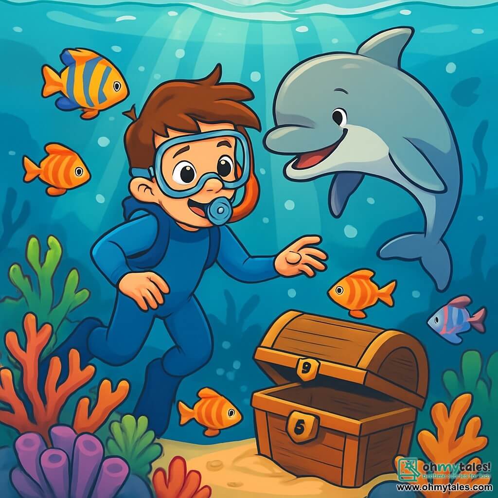 A 10-year-old boy named Oliver, with chestnut hair and sparkling curious eyes, joyfully floats in crystal-clear water, his face beaming with excitement and wonder. He wears a diving mask and snorkel, along with a blue wetsuit that contrasts with the vibrant colors of the fish around him. Nearby, a friendly dolphin with shimmering gray skin swims alongside him, seemingly playing with Oliver and encouraging him to explore. The setting is a beautiful coral reef, filled with colorful flower-shaped corals, brightly colored tropical fish, and rays of sunlight filtering through the water's surface, creating a magical atmosphere. The scene captures the moment Oliver discovers an underwater treasure, an ancient chest partially buried in the sand, surrounded by curious fish approaching to see what he has found.