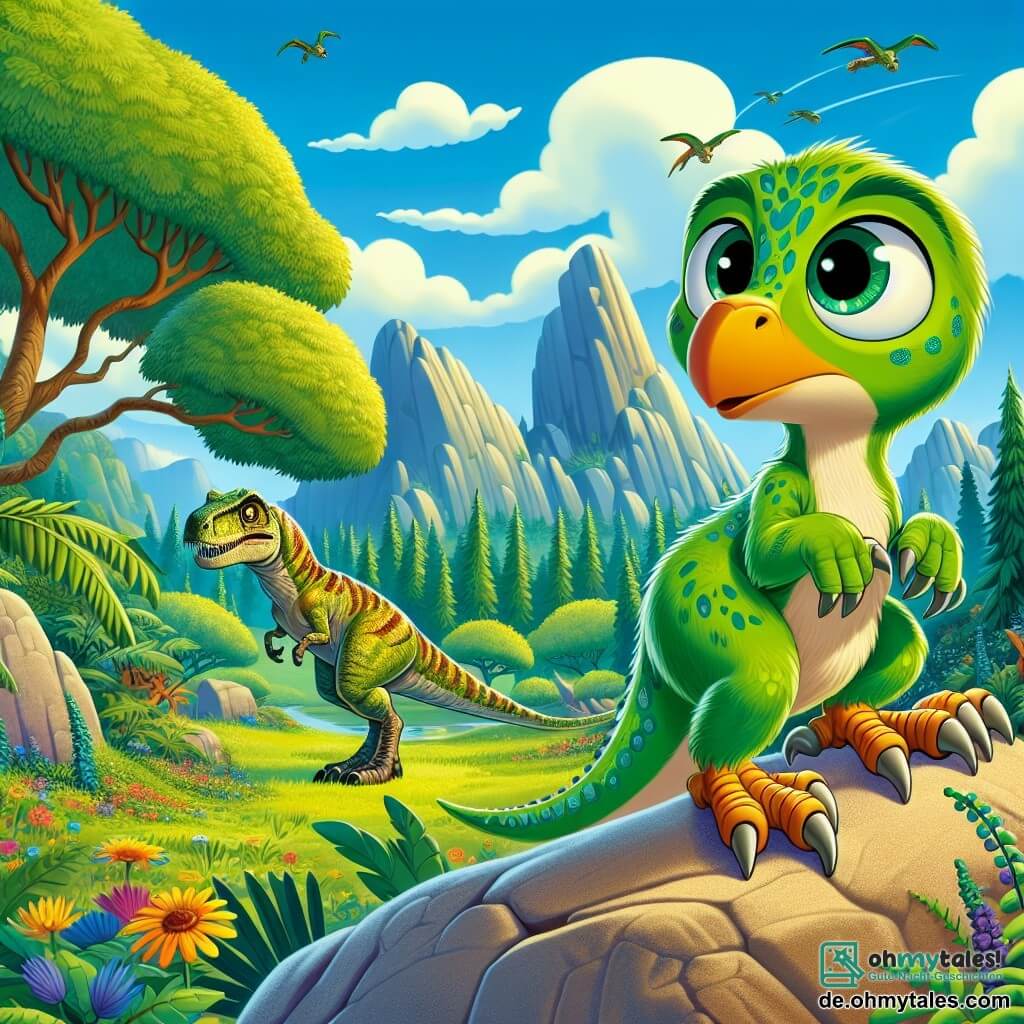 Ein Velociraptor namens Rappy, mit leuchtend grünem Gefieder und neugierigen, funkelnden Augen, steht auf einem Felsen und schaut mit einem Ausdruck von Besorgnis und Entschlossenheit. Er hat scharfe Klauen und einen langen Schwanz, der ihm hilft, das Gleichgewicht zu halten. In der Nähe beobachtet seine Mama, ein Velociraptor mit goldbraunem Gefieder, ihn schützend und bereit, ihn in Sicherheit zu führen. Die Kulisse ist ein schöner prähistorischer Tal, gefüllt mit großen Bäumen mit üppigem Laub, bunten Blumen und majestätischen Bergen im Hintergrund unter einem klaren blauen Himmel. Die Hauptsituation zeigt Rappy und seine Mama, die sich hinter einem großen Felsen verstecken und einen imposanten Tyrannosaurus Rex beobachten, der in der Ferne nach Nahrung sucht und eine Atmosphäre von Spannung und Abenteuer schafft.