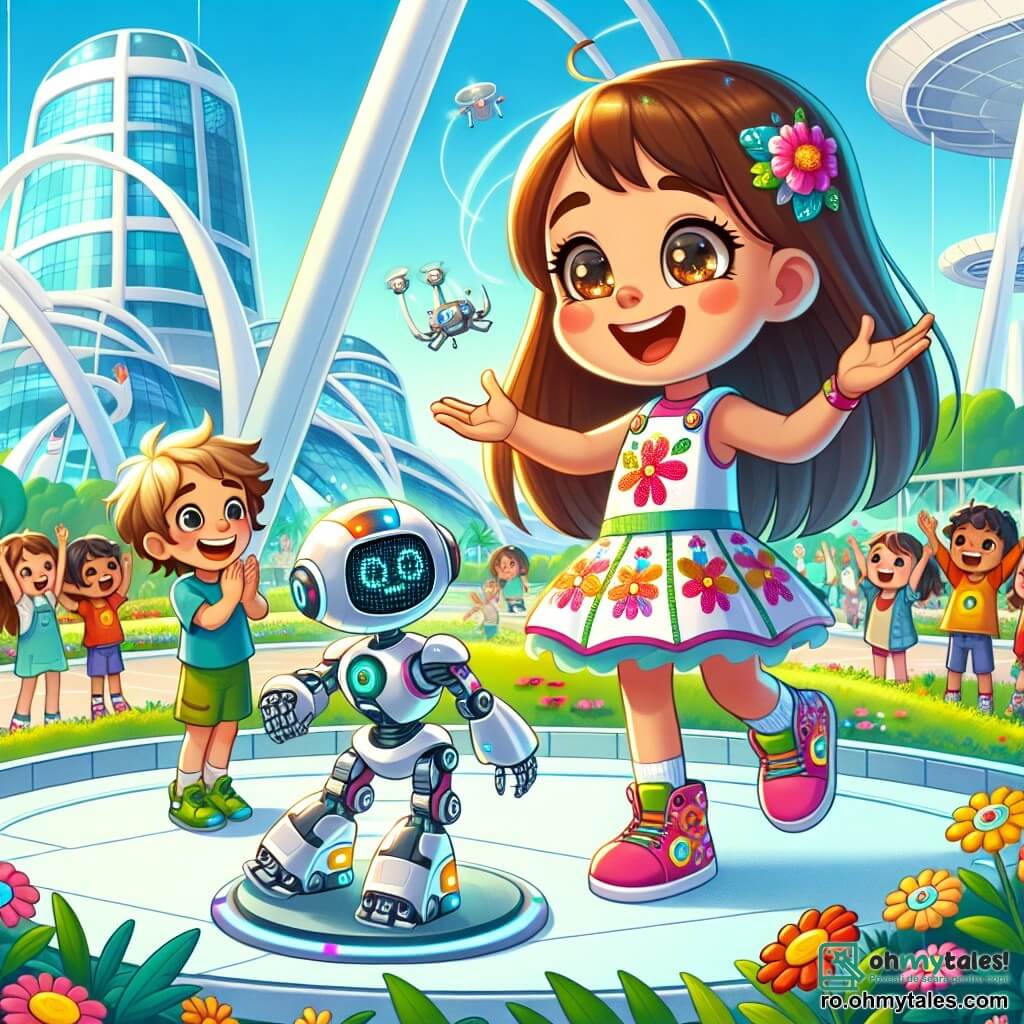 O fetiță de 8 ani, Sofia, cu părul lung și brunet și ochi strălucitori de curiozitate, dansează vesel cu robotul ei într-un parc futurist. Poartă o rochie colorată cu motive florale și adidași luminoși. Lângă ea, un băiat pe nume Andrei, de 9 ani, cu părul blond și un zâmbet strălucitor, aplaudă entuziast, ținând în mâini un mic robot. Parcul este plin de plante verzi, flori colorate care par să danseze pe ritmul muzicii și roboți care îngrijesc grădinile. Structuri futuriste din sticlă și metal se ridică în jurul lor, iar drone zboară lin pe cerul albastru. Sofia și Andrei sunt înconjurați de alți copii care se distrează, toți uimiți de magia tehnologiei. Scena reprezintă un moment de bucurie și prietenie, în care Sofia își arată cu mândrie robotul dansator, în timp ce râsetele copiilor răsună în aer.
