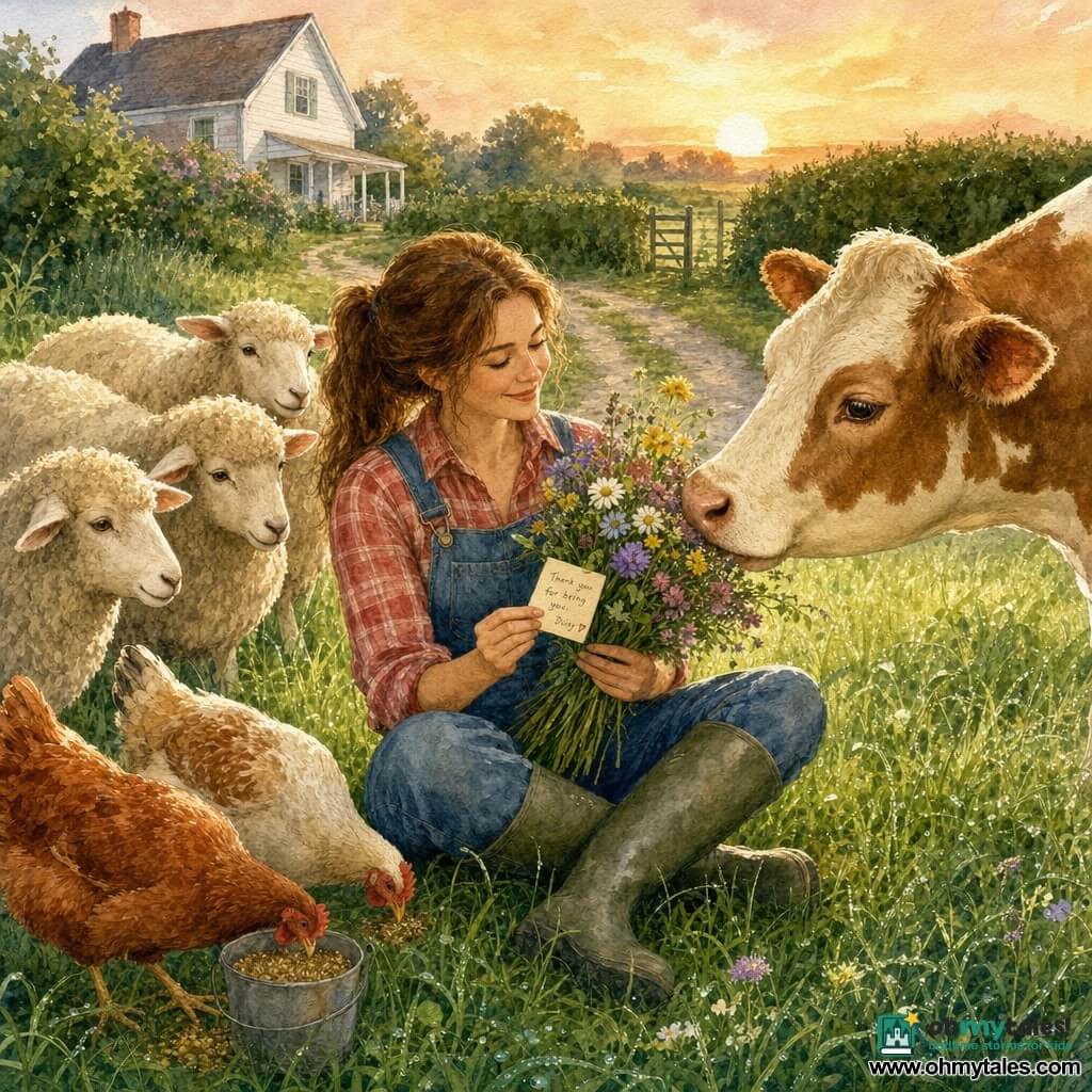 Main character: a smiling, serene female farmer in her thirties, chestnut hair in a ponytail, wearing a red plaid shirt, denim overalls and rubber boots, seated on the grass holding a small colorful wildflower bouquet and a visible note between her fingers; secondary: Daisy the cow, a large cream-and-brown spotted cow with a wet muzzle, leaning toward her as if sniffing the flowers to her right; secondary: a group of three female sheep with soft curly wool behind her, curious and calm; secondary: two hens with red-and-white plumage pecking near a bucket of feed to her left; setting: dewy morning green meadow with tall grass, thick hedges and a dirt path leading to a white-painted wooden farmhouse in the background under a pastel orange sunrise sky; scene: an intimate, luminous moment of the farmer discovering/presenting a bouquet, surrounded by attentive animals, in soft watercolor colors with visible brush textures.