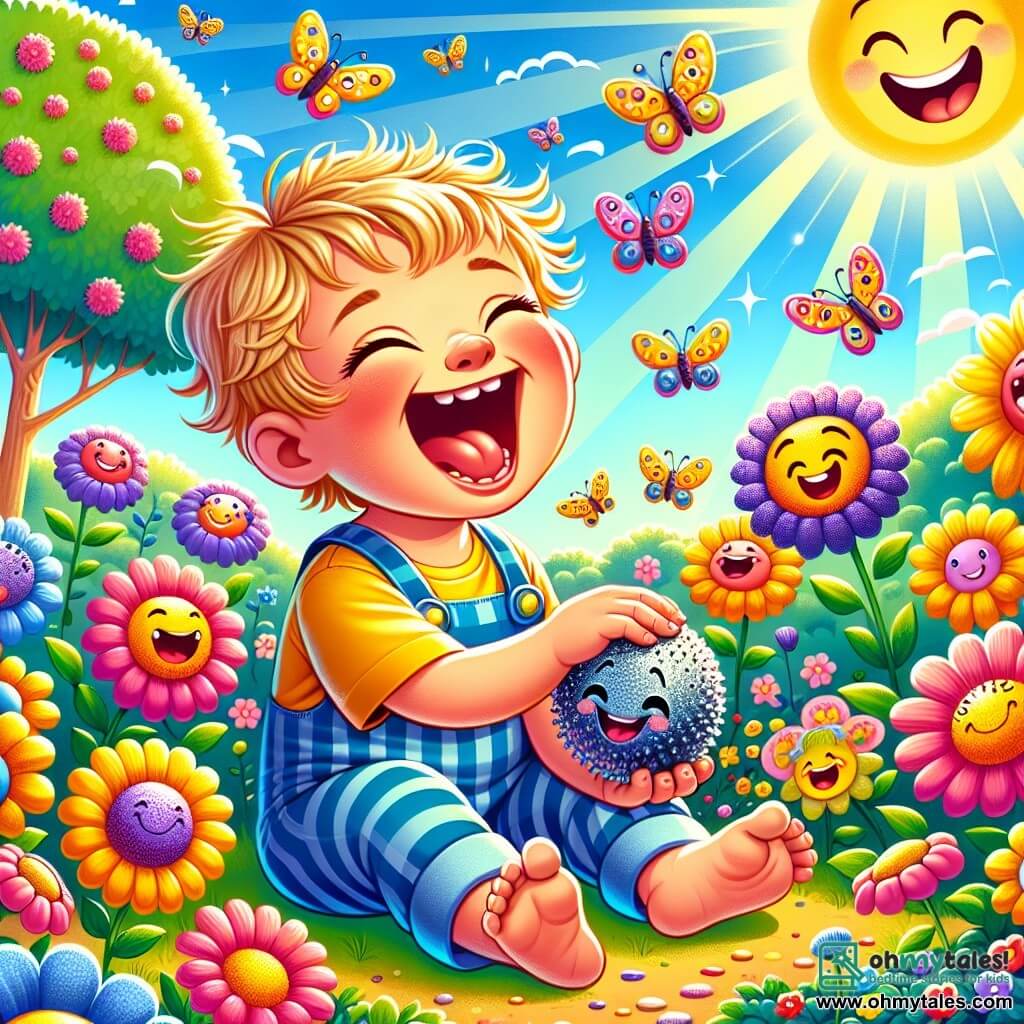 A one-year-old boy with messy blonde hair and sparkling curious eyes sits in a sunny garden. He wears a striped blue overalls and a yellow t-shirt, laughing as he holds a shiny, bumpy stone in his small hands. Beside him, a cluster of colorful flowers with smiling faces bursts into laughter, their petals dancing joyfully in the wind. Further away, butterflies with multicolored wings and funny hats flutter around him, adding a touch of magic to the scene. The garden is filled with bright flowers, lush trees, and a light blue sky dotted with laughing pink clouds. In this scene, the boy discovers the power of the giggle stone, causing laughter to spread throughout the garden as flowers and butterflies join him in a joyful dance.