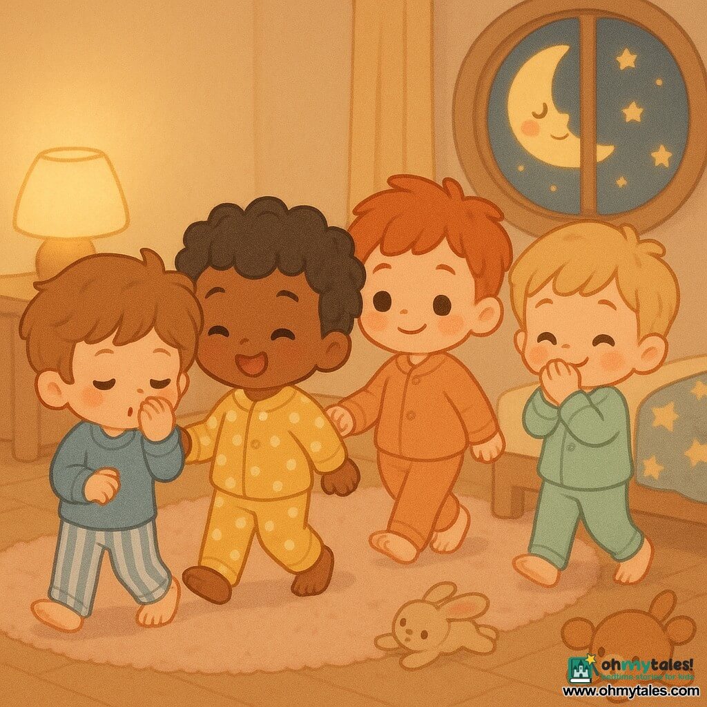 Four toddlers: Ben (almost 2, light chestnut hair, blue-and-white striped pajama pants) whispers while looking at his pocket at left front; Milo (almost 2, round, curly black hair, yellow polka-dot pajamas) taps his toes as if they’re singing at center; Theo (almost 2, light blond, laughing eyes, mint-green pajamas) covers his mouth giggling at right near the bed; Jax (almost 2, red hair, freckles, soft orange pajamas) nods and leads a quiet little parade just behind Milo, in a cozy, dimly lit bedroom with a round lamp, pale pink rug, low bed with a star blanket, a round window showing a smiling moon and stars, scattered stuffed animals, and a gentle, playful hush as they do a soft "swish" pajama parade before bedtime.