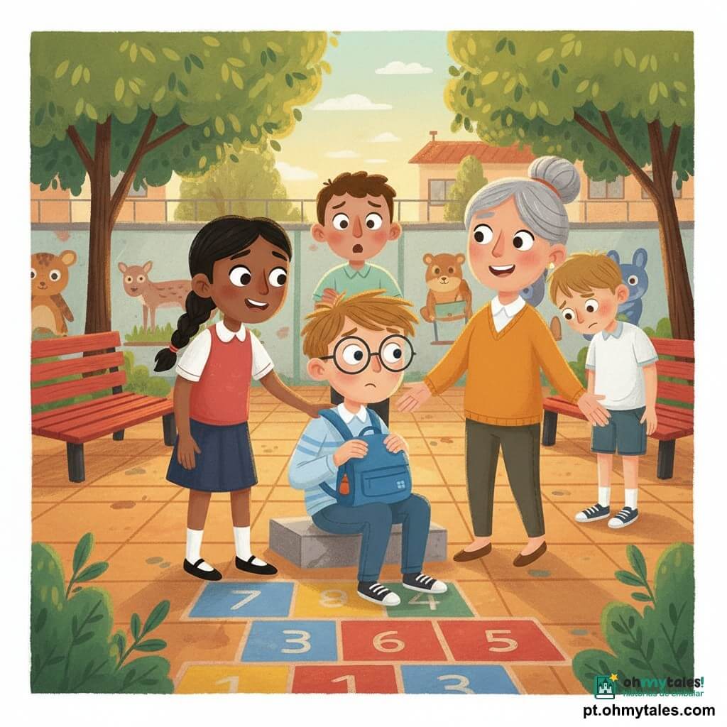 Menino de 10 anos, rosto fino, óculos redondos um pouco grandes, cabelo castanho claro despenteado, expressão vulnerável mas aliviada, sentado numa pequena mureta de cimento com a mochila azul no colo; menina Sofia, cerca de 10 anos, cabelo preto em trança, olhar determinado, mãos nos ombros do menino protegendo-o; outro menino, aproximados 11 anos, cabelo curto, braços cruzados, expressão surpresa e envergonhada, atrás dele um garoto de 10 anos com a cabeça baixa; mulher adulta (Madame Ana), cerca de 35 anos, sorriso acolhedor, cabelo grisalho apanhado, mãos abertas perto do grupo como figura tranquilizadora; pátio escolar com piso em lajes ocres, pinturas de amarelinha, bancos vermelhos, paredes com motivos de animais, árvores verdes e luz suave de fim de tarde; cena de apoio após intimidação — o menino central recupera coragem pelo gesto da amiga e pela presença da adulta, contraste entre sombras do grupo e cores quentes acolhedoras.