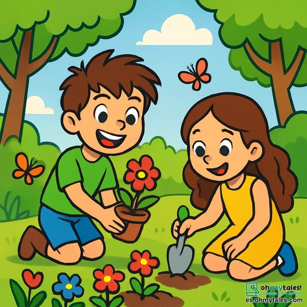 Un niño de 10 años, llamado Tomás, con cabello castaño desordenado y ojos brillantes de alegría, está plantando flores coloridas en un jardín soleado. Lleva una camiseta verde brillante y un short azul, y su rostro irradia emoción y determinación. Junto a él, su mejor amiga Ana, una niña de 9 años con cabello largo y rizado, lleva un vestido amarillo y sonríe mientras sostiene una pequeña pala. Ella está cavando un agujero para una planta, llena de entusiasmo. El jardín está lleno de vegetación exuberante, con árboles majestuosos y mariposas coloridas que vuelan alrededor. Al fondo, se puede ver un cielo azul claro con nubes blancas esponjosas. La escena muestra a Tomás y Ana trabajando juntos, rodeados de la belleza de la naturaleza, ilustrando su misión de proteger el medio ambiente y hacer florecer el jardín.