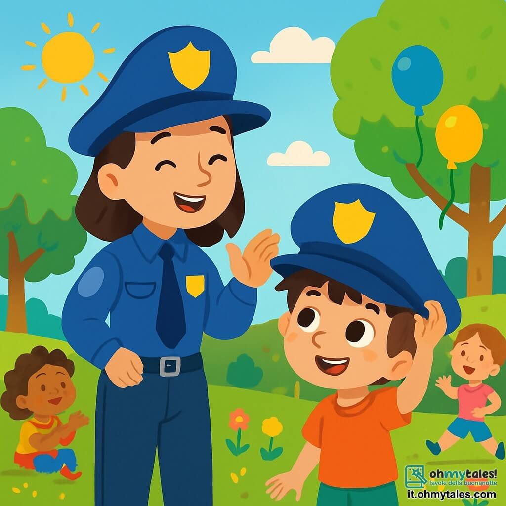 Una poliziotta sorridente, Carla, è in piedi in un parco soleggiato, indossando una divisa blu impeccabile e un grande cappello blu. Il suo viso irradia gioia e orgoglio mentre spiega il suo lavoro ai bambini. Accanto a lei, un ragazzo di 7 anni di nome Luca, con grandi occhi curiosi e capelli castani disordinati, sorride meravigliato mentre prova il cappello di Carla. Il parco è pieno di verde, con alberi maestosi, fiori colorati e palloncini che fluttuano nell'aria. La scena mostra Carla che racconta una storia affascinante a Luca, che la ascolta attentamente, circondato da altri bambini felici che giocano intorno a loro.