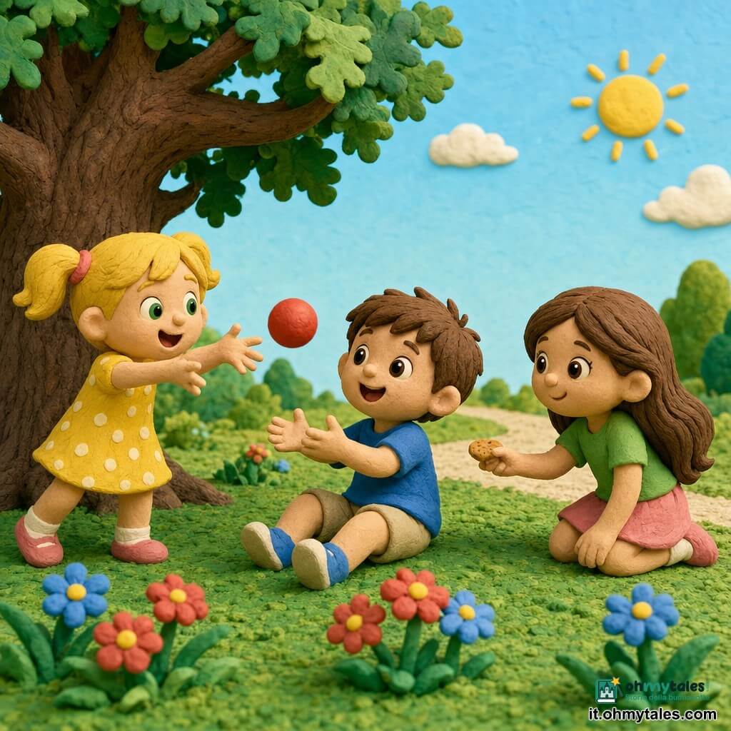 Ci sono tre bambini di circa 5 anni: Leo, un ragazzo dai capelli castani corti e occhi neri, seduto al centro sull’erba e sorridente mentre tiene una piccola palla rossa; Anna, una bimba con capelli biondi a codini e occhi verdi, a sinistra in piedi che lancia la palla con atteggiamento gioioso; Sara, una bimba con capelli castani lunghi e occhi marroni, a destra accovacciata che offre un biscotto con sorriso gentile. Luogo: un parco soleggiato con erba verde, poche fiori bassi rossi e blu, una grande quercia a sinistra e un sentiero di ghiaia sullo sfondo; cielo azzurro chiaro con un sole giallo morbido. Situazione: i tre condividono palla e biscotto, risate tranquille e gesti d’amicizia — Anna lancia, Leo riceve, Sara porge il biscotto; composizione centrata, colori caldi e contrastati, texture tipo pasta da modellare visibili e silhouette semplici e tonde.
