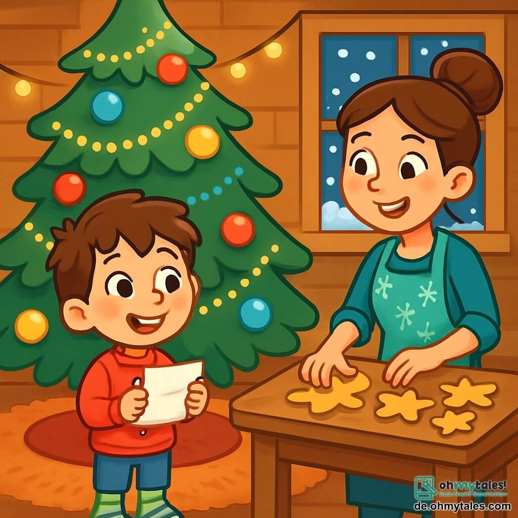 Ein kleiner Junge von 6 Jahren, Benjamin, mit zerzausten braunen Haaren und roten Wangen, schaut mit neugierigen, funkelnden Augen einen großen Weihnachtsbaum an, der mit glitzernden Girlanden und bunten Kugeln geschmückt ist. Er trägt einen roten Pullover mit einem fröhlichen Rentier und gestreifte Socken. Neben ihm lächelt seine Mama, eine etwa 30-jährige Frau mit langen, zu einem Dutt gebundenen braunen Haaren, während sie Weihnachtsplätzchen auf einem Holztisch zubereitet. Sie trägt eine Schürze mit Schneeflockenmuster. Ihr Wohnzimmer ist gemütlich, mit Holzwänden, einem flauschigen Teppich und blinkenden Lichtern, die den Raum erhellen. Durch das Fenster sieht man, wie sanft Schneeflocken auf den Boden fallen. Benjamin hält ein kleines Stück Papier in seinen Händen, mit bewunderndem Blick, bereit, das magische Abenteuer von Weihnachten zu entdecken, das auf ihn wartet.