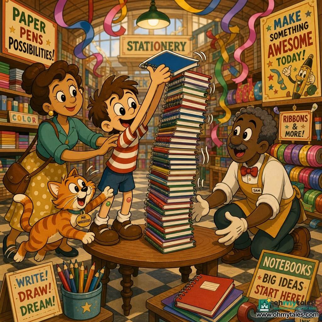 A focused, enthusiastic 6-year-old boy with a round face, tousled brown hair and bright eyes, knees smudged with color, holds a blue notebook and stretches to place the last cover on a notebook tower nearly as tall as he is; his mother, about 30–35 with chestnut hair in a bun and a warm smile, stands close behind with a hand on his shoulder, proud; a store employee, a woman around 40 with short gray hair and a mustard apron, crouches at the base ready to catch it if it tips; a mischievous orange tabby cat named Mr. Whiskers leaps onto the table beside the tower, tail up and paw raised; the scene takes place in a large craft store with wide aisles, high shelves of colorful paper, garlands of bright ribbon, vintage posters and a checkered tile floor, while the slightly wobbling tower, floating ribbons, soft light and saturated colors create a dynamic composition of joyful tension.