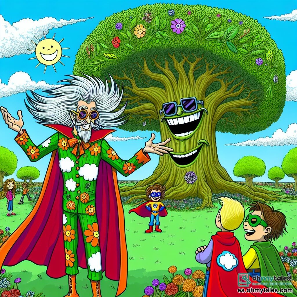 Don Raro es un hombre de aspecto original, con un traje colorido de motivos de nubes y hojas, una gran sonrisa que expresa alegría y entusiasmo. Se encuentra frente a un árbol gigante con ramas danzantes, mientras cuenta un chiste, con los brazos abiertos y los ojos brillantes de picardía. A su lado, un superhéroe que puede volar, un niño de unos 10 años con una capa roja y gafas de sol, observa con una sonrisa divertida, con los brazos cruzados. Otro superhéroe, un niño de unos 12 años capaz de lanzar rayos, se queda un poco atrás, riendo a carcajadas, con el cabello despeinado flotando al viento. La escena tiene lugar en un parque soleado, con árboles verdes, flores coloridas y un cielo azul salpicado de nubes blancas. Al fondo, niños juegan y ríen, añadiendo una atmósfera alegre a la ilustración. La situación principal muestra a Don Raro haciendo reír a un árbol al contar un chiste, provocando un movimiento alegre de las ramas, mientras los otros superhéroes lo animan y ríen de corazón.