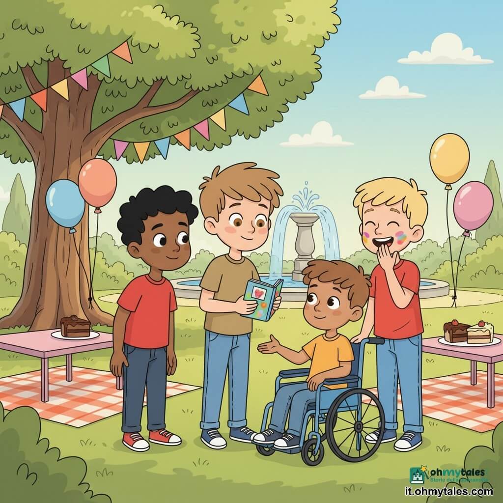Quattro bambini: Lorenzo, 8 anni, capelli castano chiaro scompigliati, grandi occhi nocciola, al centro che sorride e porge un piccolo album fotografico; Marco, 8 anni, capelli neri corti, maglietta rossa, a sinistra, leggermente piegato come se avesse appena ricevuto il regalo; Giovanni, 8 anni, capelli biondi con macchie di pittura sulle guance, a destra, che ride con una mano sulla bocca; Luca, 8 anni, capelli castani, seduto in una carrozzina blu davanti ma leggermente a destra, sguardo soddisfatto e mano tesa verso l'album. Ambientazione: piccolo parco primaverile luminoso con erba verde, grande albero a sinistra decorato da bandierine, una fontana in pietra sullo sfondo, tovaglie a quadretti sulla pelouse, palloncini pastello e due tavolini con fette di torta (cioccolato e vaniglia). Situazione: Lorenzo dona ai suoi amici piccoli album come ricordo di due feste; momento caldo e sereno, espressioni dolci, colori caldi, atmosfera gioiosa e tranquilla, composizione incentrata sul gesto di offrire e sugli sguardi complici.