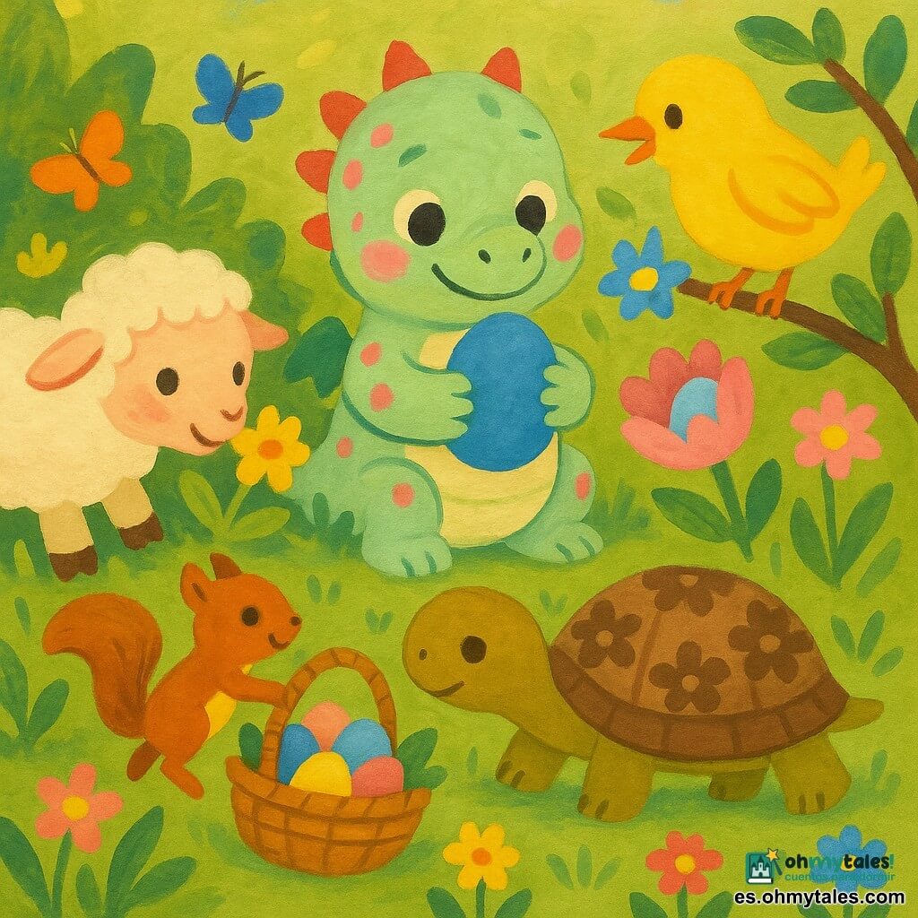 Un pequeño dragón redondo y tierno, piel verde pálido con manchas rosa, sostiene un huevo pintado de azul; un pájaro amarillo brillante en una rama señala con el pico una flor donde hay otro huevo; una tortuga lenta y de caparazón marrón con motivos florales olfatea el suelo en primer plano; una oveja blanca y lanuda con mejillas rosadas hurga entre las plantas a la izquierda; una pequeña ardilla rojiza de cola esponjosa salta junto a una cesta de mimbre llena de huevos de colores; jardín luminoso al mediodía con césped verde, hileras de flores amarillas, rosas y azules y mariposas; cesta de mimbre sobre un lecho de hojas; escena de búsqueda de huevos de Pascua tierna y serena, colores vivos y texturas gruesas tipo gouache, ambiente cálido y alegre.
