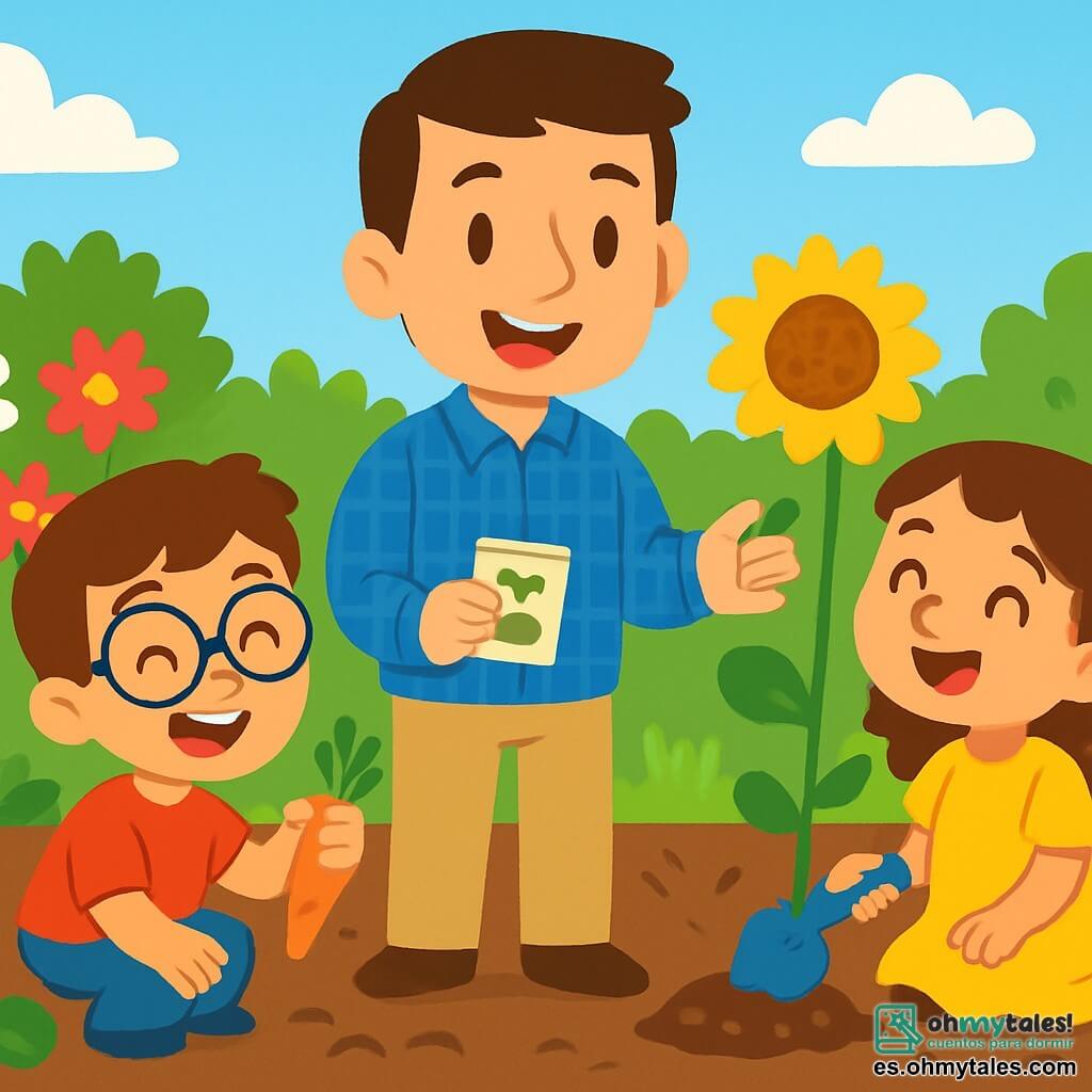 Un maestro sonriente, llamado Javier, está en el centro del jardín de la escuela, rodeado de flores coloridas y verduras verdes. Tiene el cabello castaño y corto, lleva una camisa de cuadros azules y un pantalón beige, y sus ojos brillan de alegría mientras les muestra a los niños cómo plantar semillas. A su derecha, Carla, una niña de 8 años con cabello rizado y un vestido amarillo, observa con asombro un girasol que acaba de plantar. Sostiene una pequeña pala de plástico y tiene una gran sonrisa en el rostro. A su izquierda, Martín, un niño de 7 años con gafas redondas y una camiseta roja, está agachado, sosteniendo una zanahoria recién cosechada, con los ojos brillantes de emoción. El jardín está lleno de tierra marrón, filas de plantas verdes, flores brillantes y un cielo azul claro, creando una atmósfera alegre y acogedora. La escena muestra a Javier enseñando a los niños cómo cuidar de sus plantas, con herramientas de jardinería coloridas esparcidas a su alrededor, mientras los niños ríen y se divierten, llenos de entusiasmo por su proyecto de jardín.