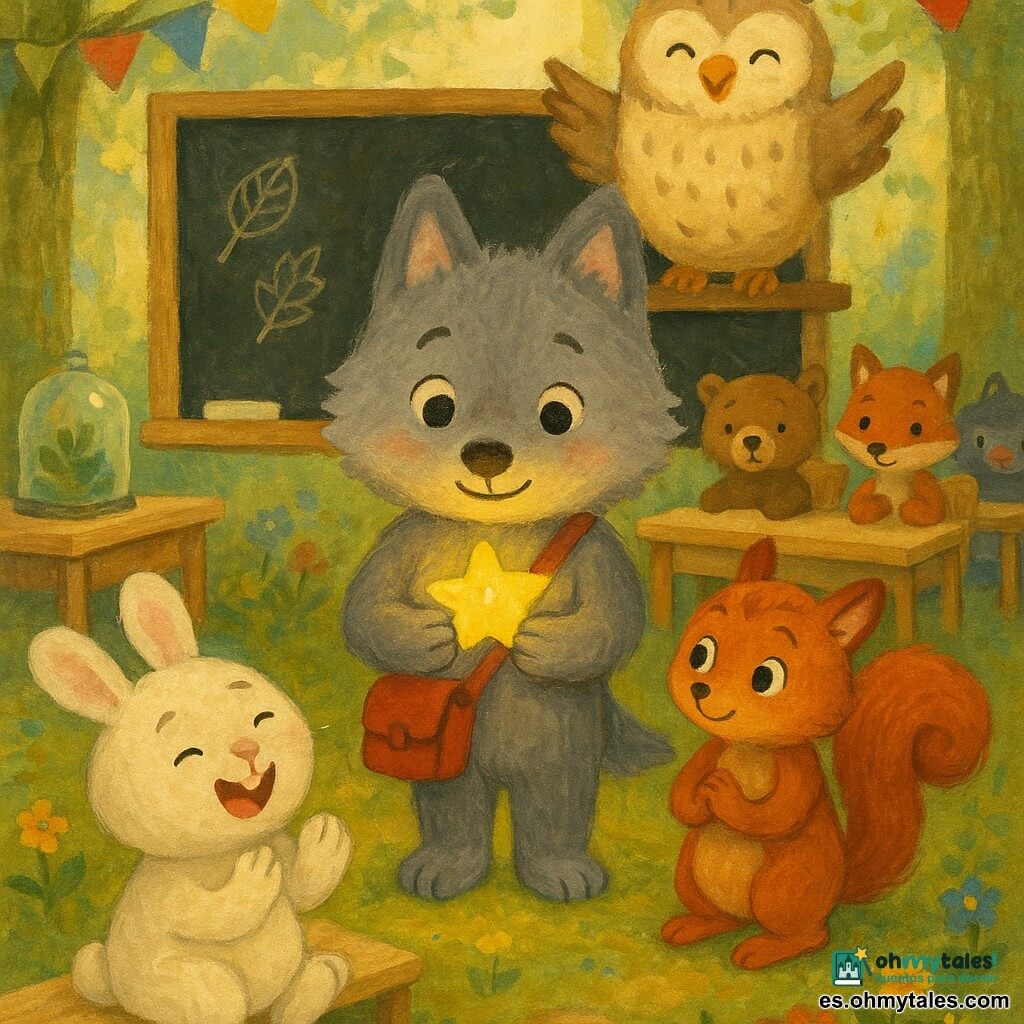 Un pequeño lobo infantil llamado Lucas, de pelaje gris, ojos brillantes y mejillas sonrosadas, está en el centro sosteniendo una estrella dorada brillante y una pequeña bolsa roja; la maestra es una lechuza sabia, posada en una pizarra de madera, y la ardilla Sofía, pelaje rojizo y mirada curiosa, mira la estrella con admiración; un conejito blanco llamado Max, risueño, aplaude sentado en un banco junto a otros animalitos; la clase es un claro convertido en aula con pupitres de madera, pizarra con dibujos de hojas, un terrario, guirnaldas de papel, rayos de sol sobre el suelo de musgo; todos aplauden a Lucas en el concurso de bondad, con ambiente alegre, colores cálidos y texturas de gouache, trazos suaves y formas redondeadas.