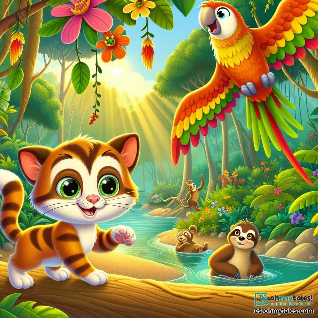 Un gato llamado Filiberto, con grandes ojos brillantes y pelaje rayado naranja y blanco, está sobre un tronco de árbol, con las orejas en alto y una sonrisa curiosa, listo para la aventura. A su lado, un loro colorido llamado Ramón, con plumas verdes, rojas y amarillas, vuela alegremente, cantando una melodía pegajosa. Más abajo, un perezoso llamado Tito, con pelaje marrón y ojos dulces, se cuelga de una rama, observando la escena con una expresión divertida. Al fondo, una jungla exuberante se extiende, llena de flores gigantes de colores vivos y lianas colgantes, iluminada por la luz dorada del sol que filtra a través del follaje. La escena principal muestra a Filiberto y sus amigos preparándose para cruzar un arroyo, con cocodrilos sonrientes que bailan al ritmo de la canción de Ramón, creando una atmósfera alegre y llena de vida.
