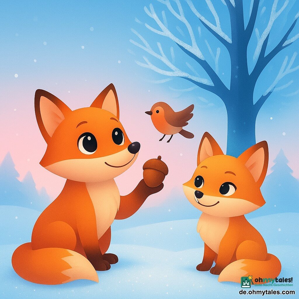 Ein kleiner roter Fuchs namens Fino mit glänzenden, neugierigen Augen steht auf einem glitzernden Schneeteppich und hebt seine Schnauze zu einem kleinen Vogel. Der Fuchs wirkt fasziniert und aufmerksam. Neben ihm sitzt seine Schwester Leni, eine verspielte Füchsin mit etwas hellerer Fellfarbe, im Schnee und hat ein schelmisches Lächeln im Gesicht. Sie schaut Fino verschwörerisch an. Im Hintergrund erhebt sich eine große, dunkle und majestätische Tanne, deren Äste mit funkelndem Reif bedeckt sind. Der Himmel ist blassblau mit einem rosafarbenen Schimmer am Horizont, der einen ruhigen und magischen Wintermorgen evoziert. Die Szene fängt den Moment ein, in dem Fino dem kleinen Vogel eine Nuss anbietet, eine Geste der Freundlichkeit in einer bezaubernden Winterlandschaft.