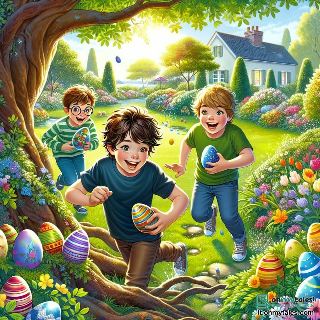 In un giardino soleggiato, tre bambini sono intenti a cercare le uova di Pasqua. Marco, un ragazzo di 12 anni con capelli castani disordinati e una maglietta blu, è accovacciato vicino a un grande albero, con gli occhi brillanti di gioia mentre scopre un uovo di cioccolato nascosto tra le radici. Alla sua destra, Luca, un ragazzo di 11 anni con capelli biondi e occhiali rotondi, lo osserva con un sorriso meravigliato, tenendo in mano un uovo decorato di blu. A sinistra, Gabriele, un ragazzo di 12 anni con capelli castani e una maglietta verde, indica un uovo scintillante nascosto dietro un cespuglio fiorito. Il giardino è pieno di fiori colorati, grandi alberi verdi e un prato ben curato, creando un'atmosfera gioiosa e festiva. Le uova di Pasqua multicolori sono sparse ovunque, aggiungendo un tocco magico a questa scena. I bambini corrono e ridono, cercando con entusiasmo le uova nascoste, mentre un piccolo coniglio bianco li osserva discretamente da un angolo del giardino, aggiungendo un tocco di mistero a questa bella giornata di Pasqua.