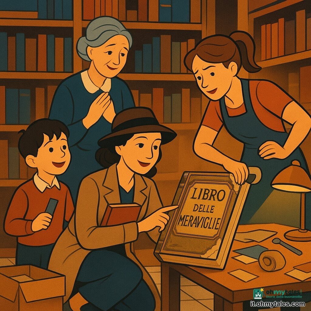 Giulia, detective, volto dolce e concentrato, sorride leggermente e tiene un piccolo taccuino rosso contro il petto mentre, inginocchiata davanti a una pila di libri, indica un grande libro antico; Carla, bibliotecaria intorno ai 50 anni con capelli grigi raccolti in uno chignon, è dietro di lei con espressione sollevata e felice, mani sul cuore vicino a uno scaffale; Emma, volontaria circa 30 anni con coda di cavallo castana, tiene un rotolo di nastro adesivo, divertita e imbarazzata vicino a un tavolo di restauro a destra; il bambino Tommaso, circa 8 anni, piccolo e raggiante, tiene un segnalibro blu e sta a sinistra vicino alla porta, ammirato verso il libro; luogo: piccolo magazzino della biblioteca con luce calda di una lampada da scrivania, scaffali in legno chiaro, scatole di cartone aperte, copertine di tessuto, fogli e strumenti di rilegatura sparsi su pavimento piastrellato chiaro; situazione principale: gioiosa scoperta del grande "Libro delle Meraviglie" dalla copertina leggermente strappata posto su una pila, atmosfera calda, dettagli grafici netti, palette calda (ocra, blu profondo, rosso mattone) e linee geometriche in stile art déco.