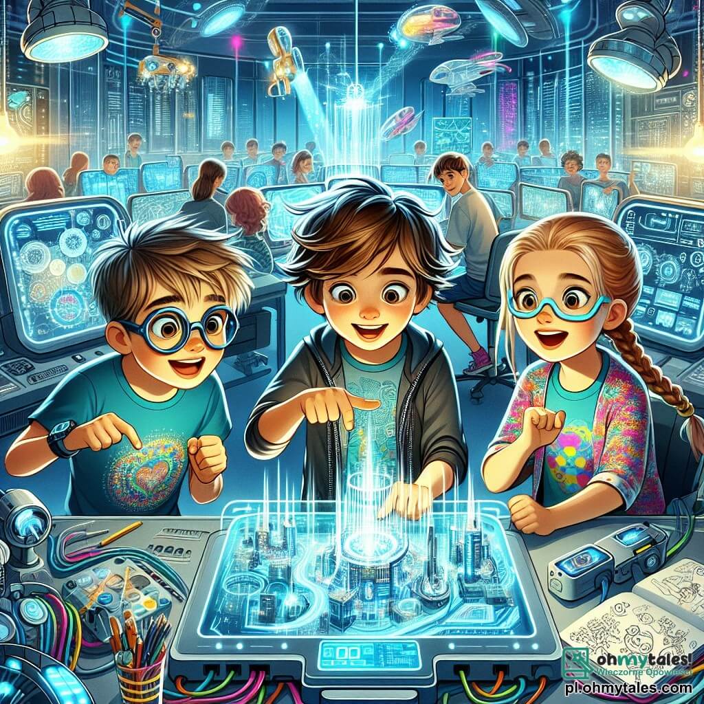 W futurystycznym laboratorium trójka dzieci stoi razem, gotowa do odkrycia niesamowitej technologii. Max, 10-letni chłopiec z rozczochranymi brązowymi włosami i okrągłymi okularami, z zachwytem patrzy na holograficzny ekran. Po jego prawej stronie Lena, 10-letnia dziewczynka z warkoczami blond włosów i kolorowym t-shirtem, wskazuje na skomplikowany schemat na cyfrowej tablicy. Po lewej stronie Kacper, 10-letni chłopiec z kasztanowymi włosami i pewnym siebie uśmiechem, siedzi na wózku inwalidzkim, trzymając notes wypełniony szkicami. Laboratorium jest pełne błyszczących maszyn, świecących kabli i futurystycznych paneli sterujących. Hologramy unoszą się w powietrzu, wyświetlając obrazy miasta Neotropolis z jego szklanymi budynkami i latającymi pojazdami. Ściany zdobią kolorowe wykresy pokazujące dane energetyczne. Dzieci wspólnie pracują nad uruchomieniem technologii, która mogłaby produkować czystą energię dla ich miasta. Ich entuzjazm jest namacalny, gdy przygotowują się do uruchomienia swojego wynalazku, symbolizując nadzieję i innowacje w futurystycznym świecie.