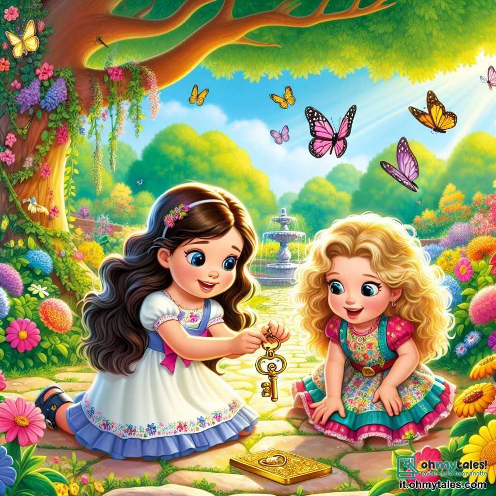 In un giardino soleggiato, Mia, una ragazza di 8 anni con lunghi capelli castani e un grande sorriso, è accovacciata, tenendo una piccola chiave d'oro brillante tra le mani. Accanto a lei, Lella, una ragazza di 7 anni con capelli biondi ricci e un vestito colorato decorato con fiori, guarda con meraviglia la chiave. Sono circondate da fiori multicolori e farfalle che volano attorno a loro. Il giardino è pieno di verde, con un grande albero maestoso sullo sfondo, le cui fronde si estendono ampiamente, offrendo ombra. In lontananza si vede una piccola fontana di pietra, dove l'acqua scintilla sotto il sole. Mia e Lella, piccole detective, hanno appena scoperto la chiave d'oro e sono pronte a risolvere il mistero di cosa potrebbe aprire, i loro volti illuminati dall'eccitazione dell'avventura.