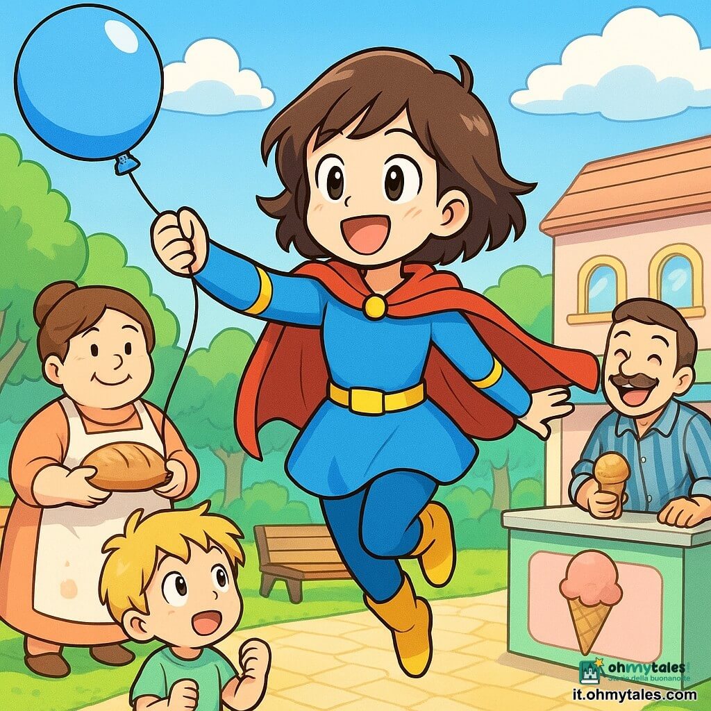 Eroina sorridente ed energica, mantello rosso al vento, capelli castani corti, costume blu e giallo, in salto con gambe piegate, afferra lo spago di un palloncino sopra un bimbo di circa 4 anni; il bimbo a sinistra ha capelli biondi arruffati, tiene il palloncino blu, volto sollevato e meravigliato. Alle spalle, una panettiera corpulenta e accogliente con grembiule bianco infarinato sorride tenendo un panino vicino a una bancarella; sullo sfondo a destra un gelataio con baffi e giacca a righe posa un cono sul banco ridendo. Ambientazione: parco cittadino colorato con sentiero chiaro, panchina, alberi tondi e stand di gelato e panetteria dalle facciate pastello; cielo azzurro e nuvole; atmosfera luminosa, calda e comica. Stile manga semplice, linee morbide, colori vivaci, contorni netti, espressioni esagerate adatte ai bambini.