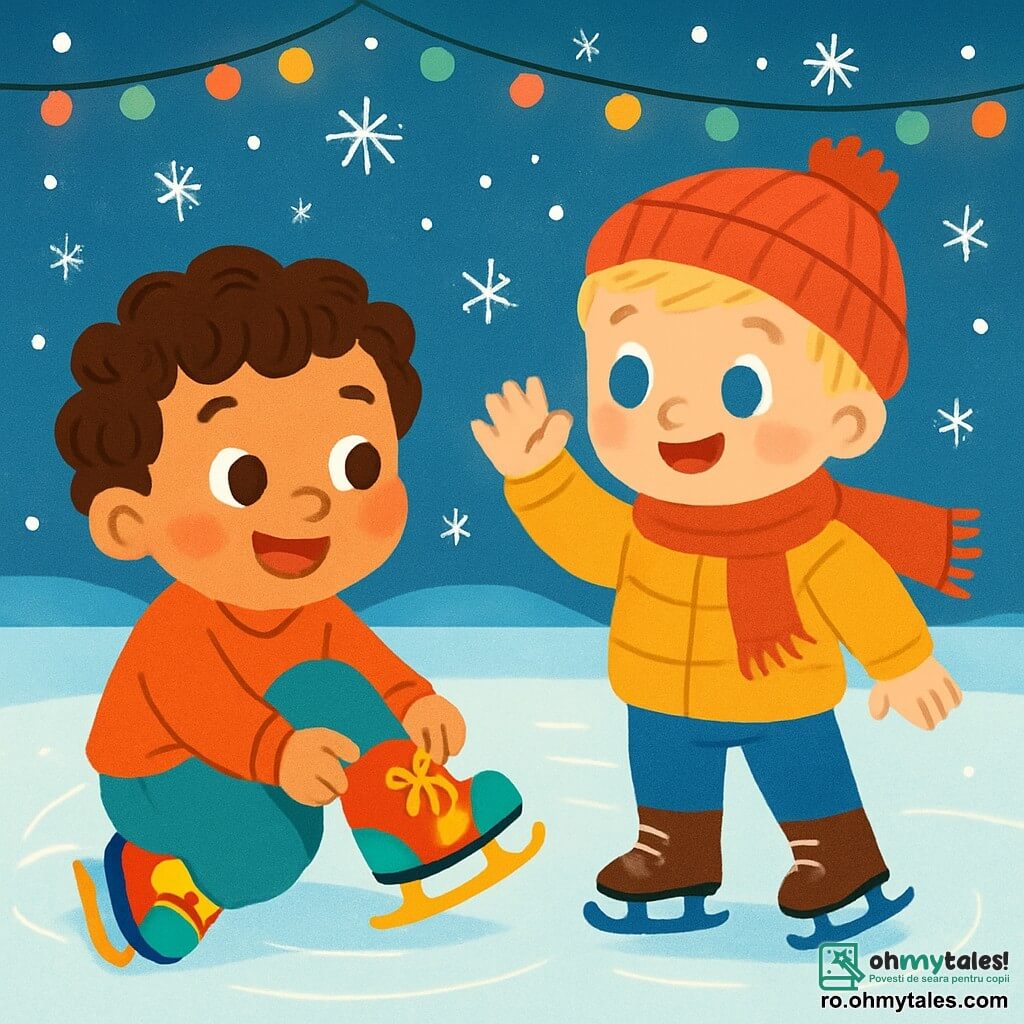 Un băiețel de 2 ani, cu părul creț și obrajii roz, zâmbește fericit în timp ce își pune patinele colorate, cu ochii strălucind de entuziasm. Lângă el, prietenul său Andrei, un băiat de 3 ani cu părul blond și ochii albaștri, îl încurajează făcându-i un mare semn cu mâna, purtând o eșarfă roșie și o căciulă de lână. Se află pe o patinoar strălucitor, înconjurat de fulgi de zăpadă sclipitori și lumini colorate. Scena îl arată pe micuțul Luca, pregătit să alunece pe gheață, cu fața iluminată de bucurie și anticiparea acestei noi aventuri.