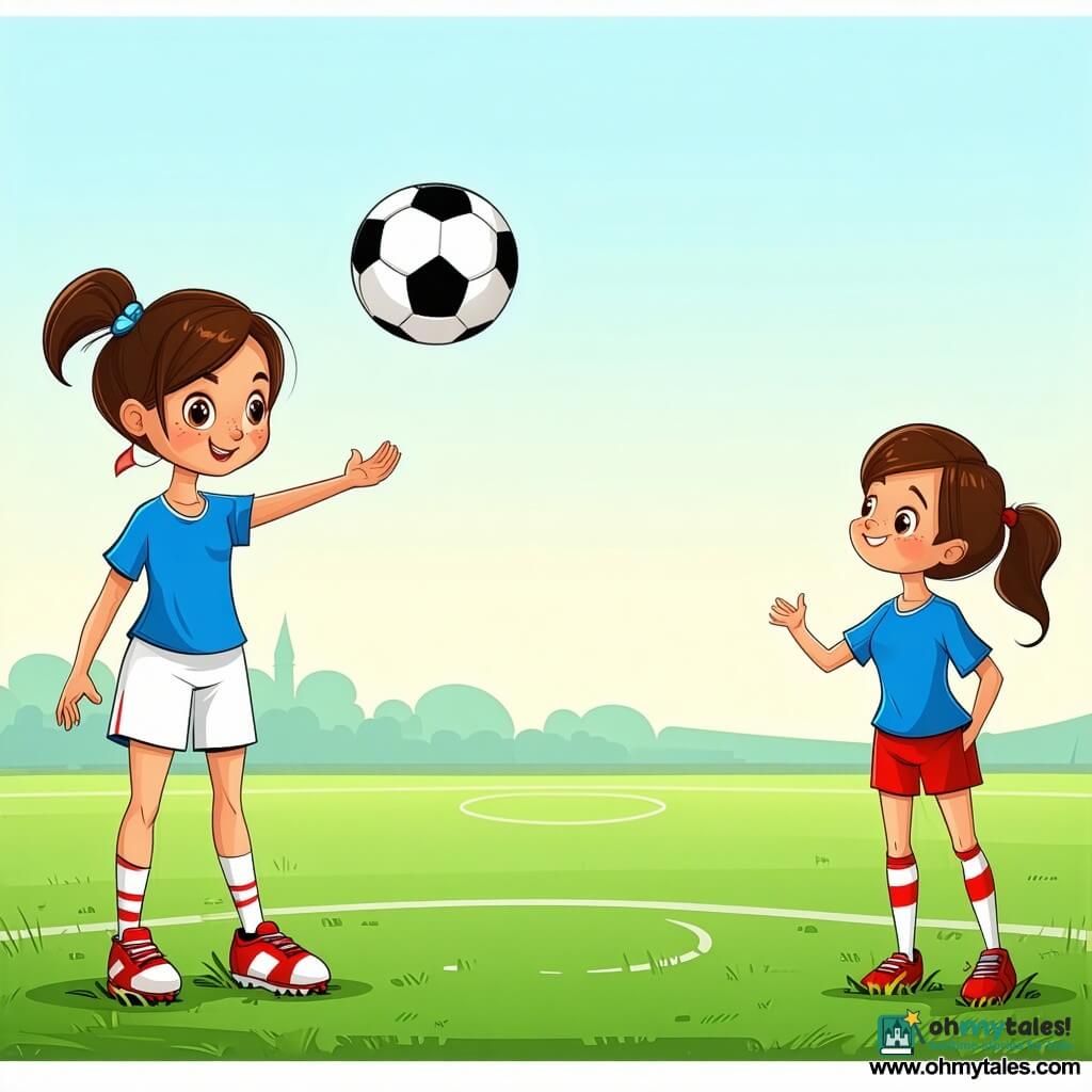 Mia, a focused, proud girl with a ponytail and rosy cheeks, stands center holding the ball above her head ready for a throw-in, wearing a bright blue jersey, white shorts, striped socks and red grass-stained cleats; Lila, about 9, stands a few meters ahead with eager eyes and ready hands; Coach Sam, a woman of about 35 in a green tracksuit with a whistle, applauds from the sideline; other 8–10-year-old teammates run and stretch in the background with enthusiastic expressions; the scene shows a textured green field with crisp white markings, white goals, colorful benches and a light blue sky with a few soft clouds; a row of colorful water bottles (purple, blue, red, green) lines the grass in the foreground; the ball arcs through the air like a small rainbow with golden sunlight highlighting its contours; graphic style: clear lines, saturated colors, exaggerated joyful expressions and a composition readable for a 6-year-old.