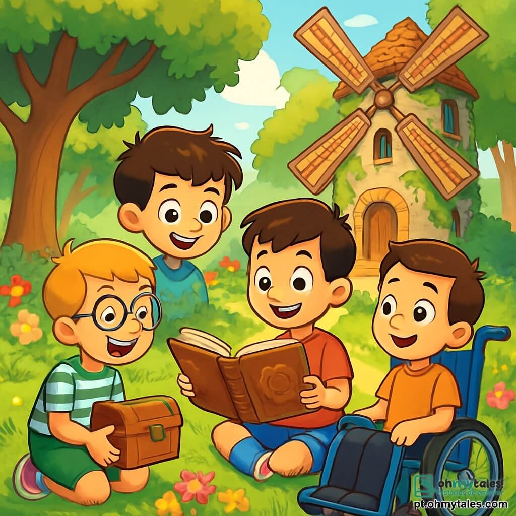 Há 4 crianças: - Tomás: um menino de 10 anos, com cabelos castanhos bagunçados e olhos curiosos. Ele usa uma camiseta vermelha e um short azul, segurando um caderno antigo com um sorriso entusiasmado. - Lucas: um menino de 9 anos, com cabelos loiros e óculos redondos. Ele está agachado, rindo e segurando uma velha caixa de madeira que encontrou sob um espantalho, vestindo uma camiseta listrada e um short verde. - Rafael: um menino de 10 anos, com cabelos castanhos e um sorriso caloroso. Ele está sentado em sua cadeira de rodas azul, usando uma camiseta laranja e calças pretas, observando atentamente o caderno, pronto para ajudar os amigos a resolver os enigmas. - Miguel: um menino de 9 anos, com cabelos negros e olhos vivos. Ele usa uma camisa xadrez e um short bege, em pé ao lado de Tomás, olhando para o caderno com uma expressão de admiração. O cenário é uma clareira ensolarada, cercada por majestosas árvores de folhas verdes. No centro, um velho moinho de pedra, com paredes cobertas de hera e janelas de madeira desgastadas. Flores coloridas cercam o caminho até o moinho, e raios de sol filtram pelas ramas, criando uma atmosfera mágica. Os quatro amigos estão descobrindo um caderno misterioso, sentados em círculo na grama verde, cercados por flores vibrantes, todos animados e prontos para resolver enigmas e buscar um tesouro escondido.