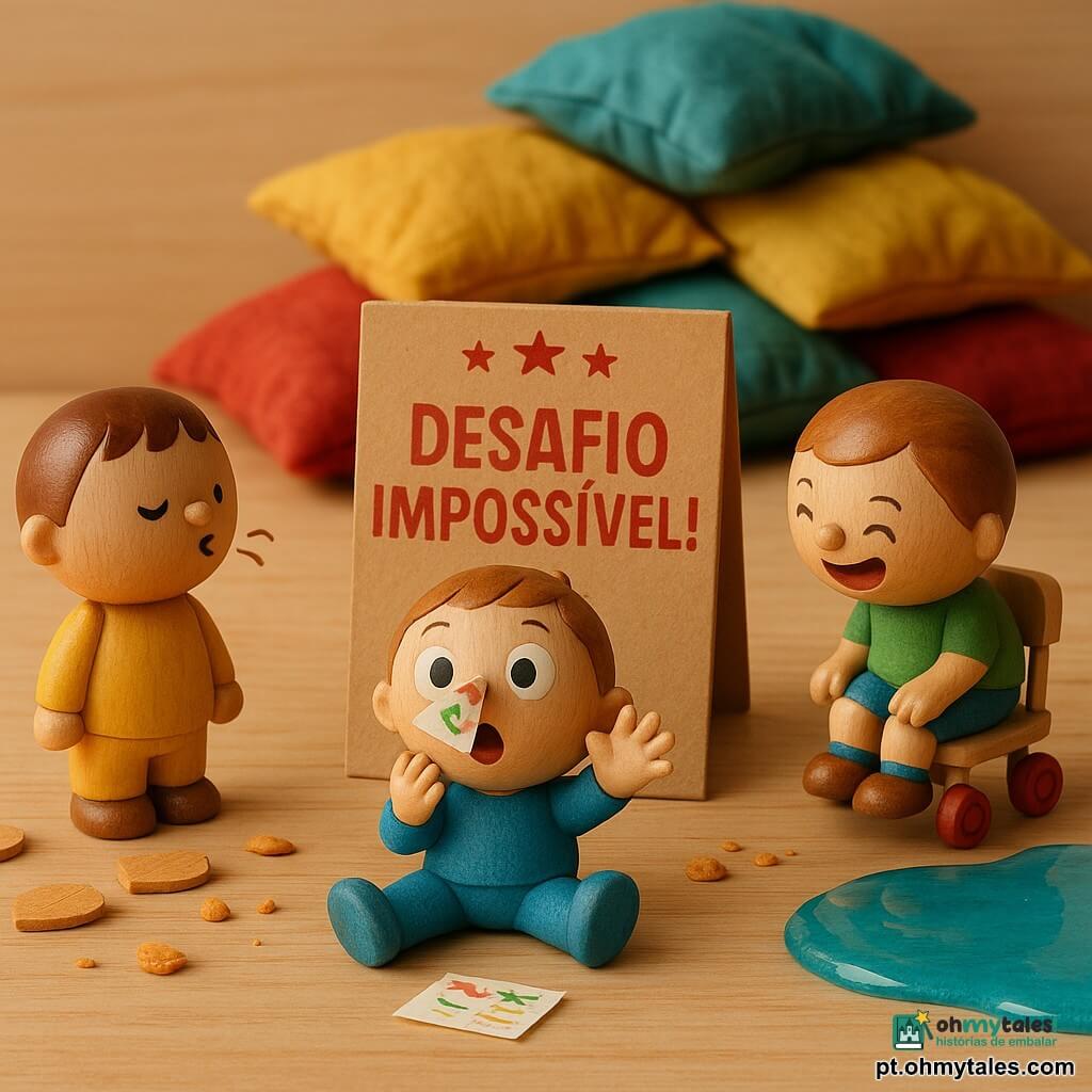Há três personagens: Tico, menino de cerca de 3 anos, boneco de madeira pintado de amarelo com cabelos castanhos, à esquerda fazendo som de "pshhh" como foguete; Bento, menino de cerca de 3 anos, boneco de madeira pintado de azul, sentado ao centro com um pedacinho de papel colorido no nariz e a mão levantada como se fosse espirrar; Léo, menino de cerca de 3 anos, boneco de madeira pintado de verde, à direita numa cadeira de rodinhas, inclinado para frente rindo. Local: mesa de madeira clara como chão, decorada como pátio de creche em miniatura — porta vermelha à esquerda, pequeno lago de gelatina translúcida azul ao centro-direita brilhante, pilha de almofadas de tecido multicolor ao fundo, com folhas e migalhas de biscoito de madeira ao redor. Situação: os três encontram um grande papel-cartão dobrado que se abre como um livro e mostra três carimbos vermelhos “DESAFIO IMPOSSÍVEL!”. Composição muito colorida, contrastes fortes, texturas visíveis (madeira pintada, tecido amassado, gelatina brilhante), expressões exageradas e alegres, atmosfera lúdica de desafio e aventura.