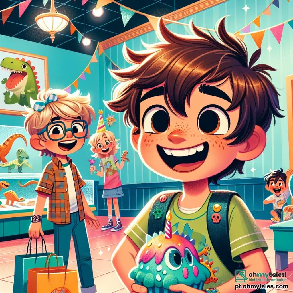 Um garoto de 10 anos, chamado Pedro, está no centro da imagem, com um grande sorriso no rosto e os olhos brilhando de excitação. Ele tem cabelos castanhos bagunçados e usa uma camiseta verde com um dinossauro colorido. Em seus braços, ele abraça um dinossauro de pelúcia macio. Ao lado dele, seu amigo Lucas, também um garoto de 10 anos, com cabelos loiros e óculos, ri alegremente enquanto segura um cupcake decorado com cores vivas. Ao fundo, a mãe de Pedro, uma mulher sorridente de cerca de 35 anos, os observa com orgulho, segurando uma sacola de lembranças do museu. O local é o interior de um museu colorido, com paredes adornadas com desenhos de dinossauros e vitrines cheias de fósseis brilhantes. Crianças brincam e exploram ao redor, criando uma atmosfera alegre e animada. A cena principal mostra Pedro e Lucas celebrando o aniversário de Pedro na sala de atividades do museu, cercados de risos e descobertas, enquanto um arco-íris brilhante aparece através de uma janela, simbolizando a magia da amizade e das surpresas.