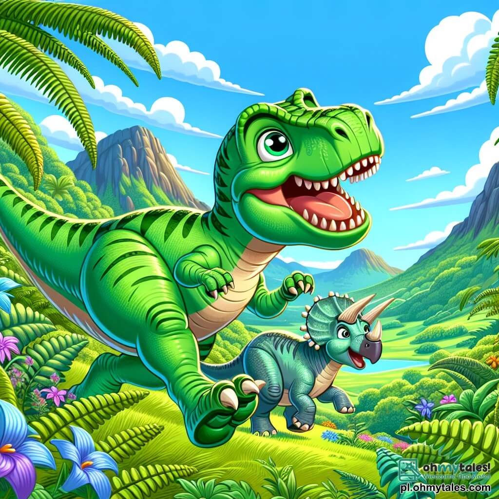 Młody Tyranozaur Rex o imieniu Tytus, z jaskrawozieloną skórą i błyszczącymi z ciekawości oczami, radośnie biega po zielonej Dolinie Dinozaurów. Jego duże, umięśnione łapy i potężny ogon energicznie się poruszają, a szeroki uśmiech rozświetla jego twarz. Obok niego jego najlepsza przyjaciółka, triceratops o imieniu Tosia, z trzema rogami na czole i szaro-skalistą skórą, skubie liście paproci, z ekscytacją spoglądając na Tytusa. W tle majestatyczne góry wznoszą się pod jasnoniebieskim niebem, usłanym białymi, puszystymi chmurami. Dolina jest wypełniona bujnymi paprociami i kolorowymi kwiatami, tworząc żywy i przyjazny krajobraz. Tytus i Tosia szykują się do wspólnego odkrywania, przyciągnięci tajemniczym dźwiękiem dochodzącym z krzaka, gotowi na nową, ekscytującą przygodę.
