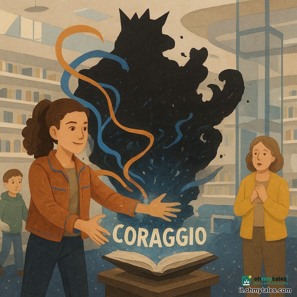 Una giovane donna di circa 17 anni, capelli castani ricci raccolti in una coda alta, volto determinato e caldo, indossa una giacca corta color rame brillante con cuciture blu elettrico; spalanca le braccia creando nastri luminosi rame-azzurri che avvolgono una grande ombra d'inchiostro nera. Un ragazzo di circa 12 anni, Riko, capelli corti e felpa con cappuccio verde, appare preoccupato ma coraggioso e, vicino all'ingresso, guida con calma i lettori fuori dalla scena guardando Liora. Una donna adulta di circa 45 anni, Mina, in cardigan giallo con le mani sul petto, è sbalordita e sollevata vicino al leggio della biblioteca davanti al libro su un piedistallo. Un'IA non umana, Zed, si manifesta come un piccolo triangolo di luce azzurro pallido vicino alla spalla di Liora, lampeggiante e proiettante mini-icone tecniche. La scena è una grande biblioteca futuristica con scaffali galleggianti bianchi, pavimenti con proiezioni stellari blu notte e argento, ascensori trasparenti e una grande vetrata che diffonde luce morbida. Al centro, su un piedistallo, un grosso libro scuro senza titolo "respira": le pagine si sollevano lasciando scintille d'inchiostro blu; intorno, ombre d'inchiostro si uniscono in una grande creatura coronata di schizzi. Composizione: Liora in primo piano a sinistra, il libro e l'ombra al centro, Mina sullo sfondo a destra e Riko all'ingresso; forte contrasto tra nastri di luce rame/azzurri e macchie d'inchiostro nere, texture di carta strappata per le ombre, contorni netti, colori vividi e forme semplici, atmosfera tesa ma rassicurante. Aggiungere dettaglio leggibile in lettere ritagliate stile collage: la parola luminosa CORAGGIO che esce dolcemente dal libro verso Liora.