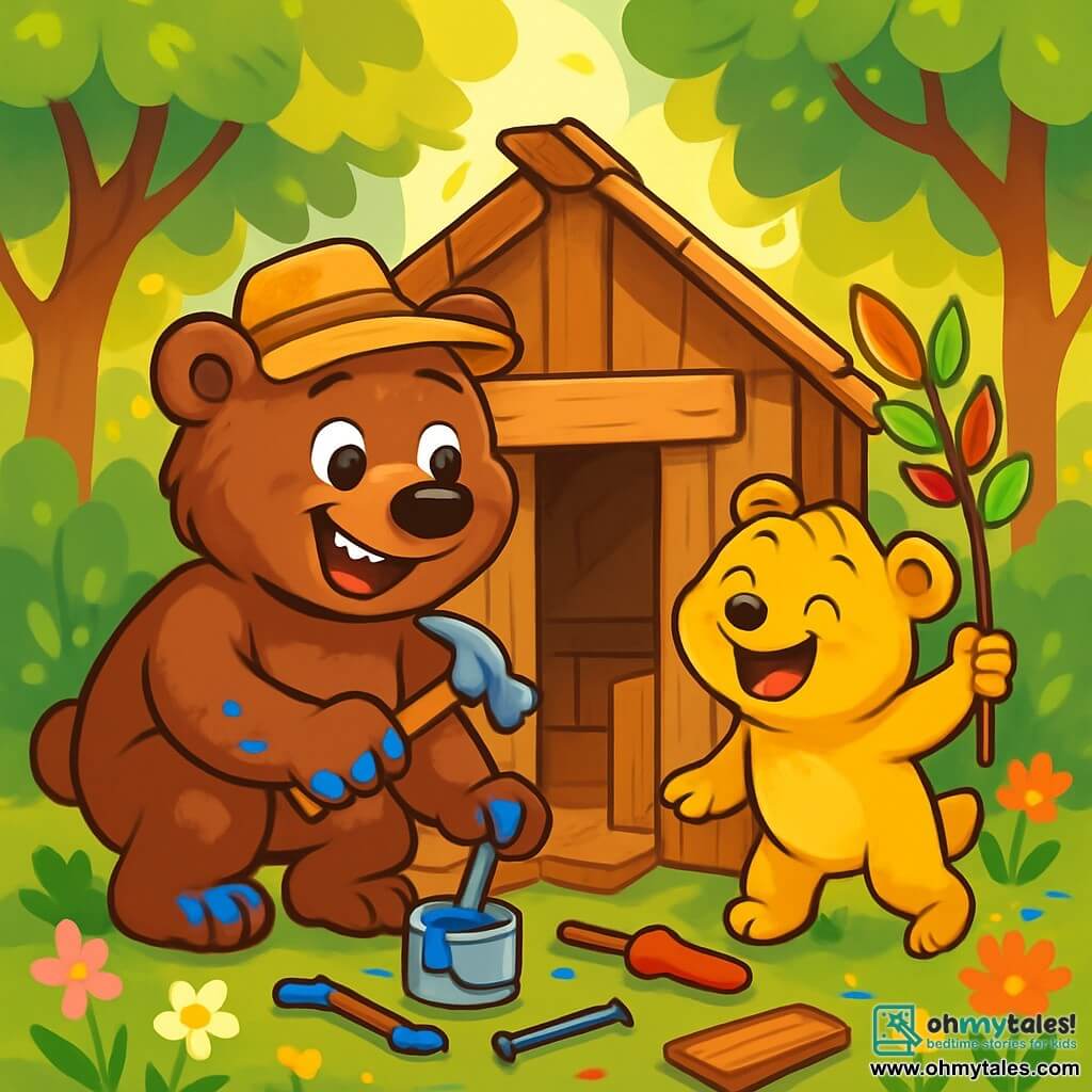 A cheerful brown bear named Benny is building a wooden clubhouse with a big smile, showcasing his determination and joy. He wears a small straw hat and has slightly blue-painted paws. Next to him, his younger brother Timmy, a smaller bear with golden fur and excited eyes, holds a branch decorated with colorful leaves as a flag, laughing heartily. Their clubhouse, made of uneven wooden planks, stands in a sunny forest surrounded by vibrant green trees with sunlight filtering through the leaves. Brightly colored wildflowers dot the ground, adding a touch of magic to the scene. The image depicts the two brothers working together amidst their joyful mess, with scattered tools and paint splatters, illustrating their enthusiasm and bond in creating their secret hideout.
