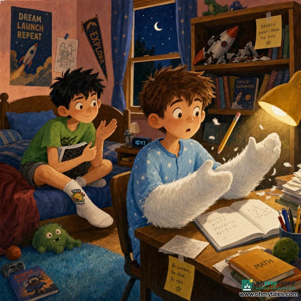There are two characters: Ethan, 12, short messy brown hair, light blue starry pajamas, arms transformed into fluffy white cushion-like sleeves to the forearms, sitting at his desk on the right, surprised, holding a pencil that floats above his hand; Milo, 12, spiky black hair, bright green T-shirt and gray shorts, mischievous curious expression, sitting on the bed behind Ethan on the left, leaning toward him with a notebook, a "TACO CAPTAIN" sticker visible on his sock, silently applauding. Setting: warm children's bedroom with pale salmon walls, a spaceship poster, wooden bookshelf with books and a broken rocket model, yellow desk lamp lighting a pile of papers and a math notebook, light wood floor with a soft blue rug. Main scene: calm nighttime moment as Ethan discovers his cotton-like arms while trying to finish a math problem and Milo takes notes, small tufts of fluff drifting around the desk, soft humorous mood, muted lighting, thick gouache textures, warm contrasts and gentle shadows for a cozy, comic atmosphere.