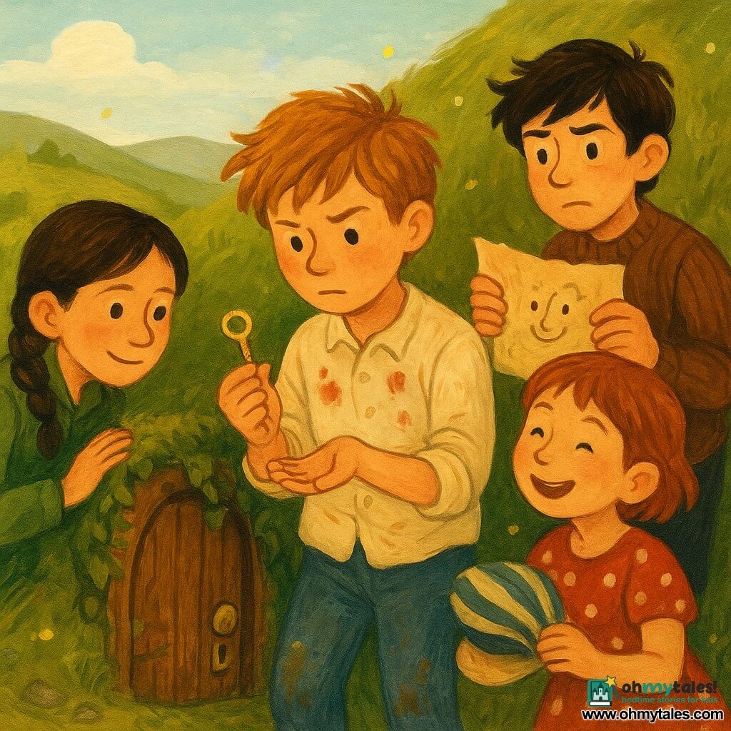 Four children: Pip, 9, honey-colored messy hair and jam stains on his shirt, holding a small shiny key in his palm in front of a tiny door, focused; Maia, 10, braided hair, muddy knees, green jacket, left of Pip with one hand on the wooden door; Lila, 8, short laughing hair, polka-dot dress, right of Pip smiling and fixing a striped hat; Jory, 11, wrinkled nose, cautious look, ribbed sweater, behind Pip holding a crumpled map with drawn-on eyes. They stand on a low grassy, stone-speckled hill before a tiny wooden door embedded in a root-covered bank, framed by beard-like ivy, a patinated brass knob and soft moss at the threshold, pale yellow firefly-like lights hovering. The four turn a wavy-toothed key in the lock under the hill; the mood is playful and gentle with a light breeze lifting hair, drifting leaf confetti, calm excitement, and a gouache palette of warm matte tones, soft greens and ochres, white highlights and visible brushstrokes for a childlike texture.