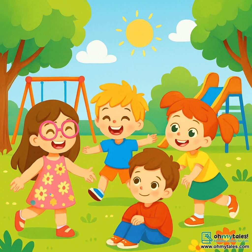 There are 4 children: Lily, a 5-year-old girl with long brown hair and pink glasses, wearing a flower dress and happily holding Max's hand; Jake, a 5-year-old boy with messy blond hair and a blue t-shirt, laughing and running around Max with open arms; Emma, a 5-year-old girl with red hair in pigtails, wearing a yellow t-shirt and a green skirt, approaching Max with a big smile; and Max, a 5-year-old boy with brown hair in a red sweater, sitting on the ground, a bit shy but smiling at his new friends. The children are in a sunny schoolyard, surrounded by tall trees with green leaves and colorful flowers, with swings and a slide in the background, and a blue sky with fluffy white clouds. The main scene shows the children playing together, with Max getting up to join Lily, Jake, and Emma, who encourage him with friendly gestures. They are laughing and having fun, creating a joyful and welcoming atmosphere that symbolizes friendship and kindness.