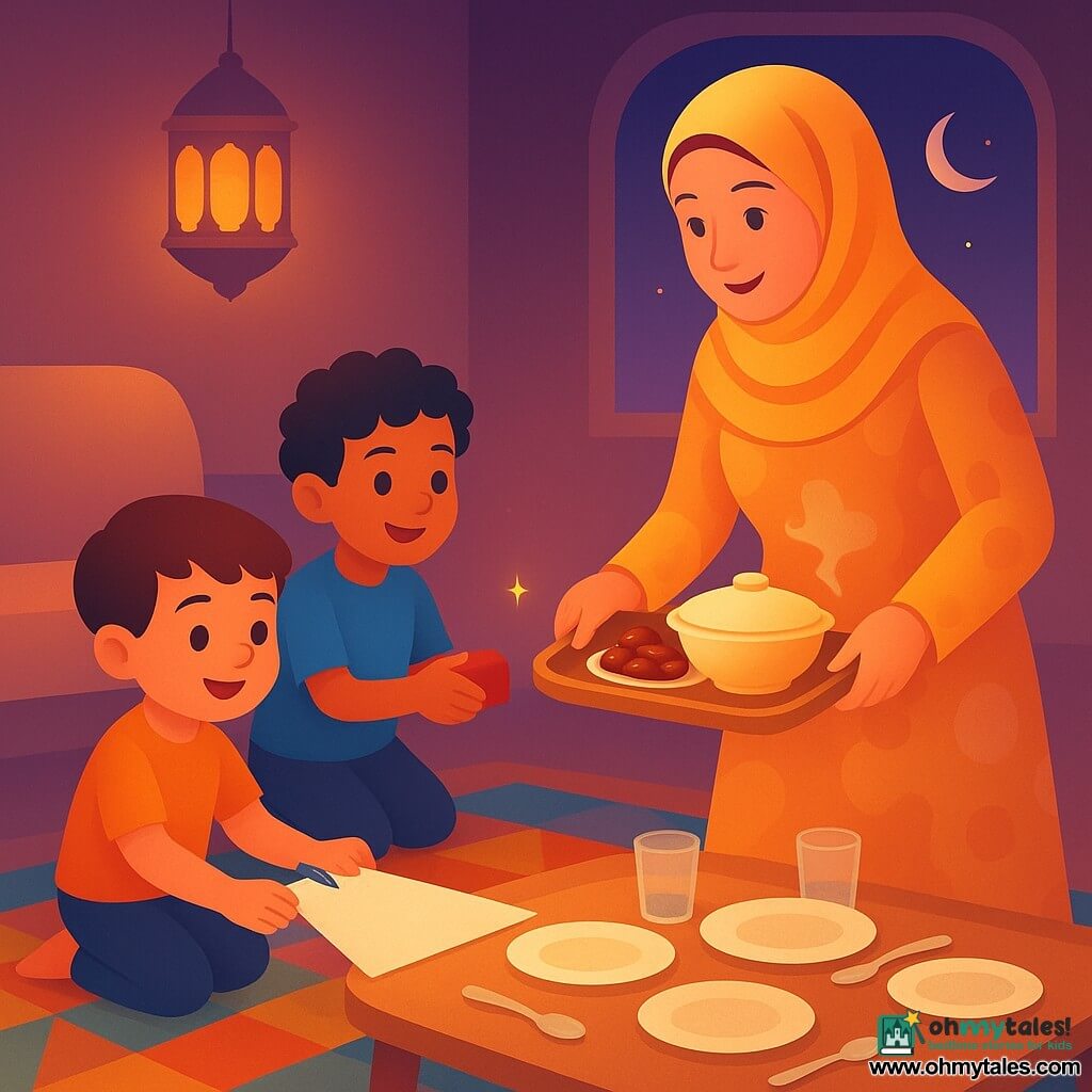 Three characters: Amir, a 6-year-old boy with short brown hair and curious eyes, sits cross-legged on a colorful geometric rug holding a large white sheet and a bright blue pencil while helping set napkins at the table; Sami, a 5-year-old boy with curly black hair and a mischievous smile, kneels beside a pile of shiny red blocks, handing one to Amir and gently pouring water into a small glass; their mother, in her thirties, wearing a yellow-orange scarf and a softly patterned dress, stands by the light wooden coffee table holding a tray of glossy dates and a steaming soup tureen, watching them kindly. They prepare the iftar table in a warm twilight living room with a hanging lantern-style lamp and a window showing a violet sky with a crescent moon and a star; a tiny star-like light above Amir’s drawing adds a gentle, shared, cozy atmosphere.