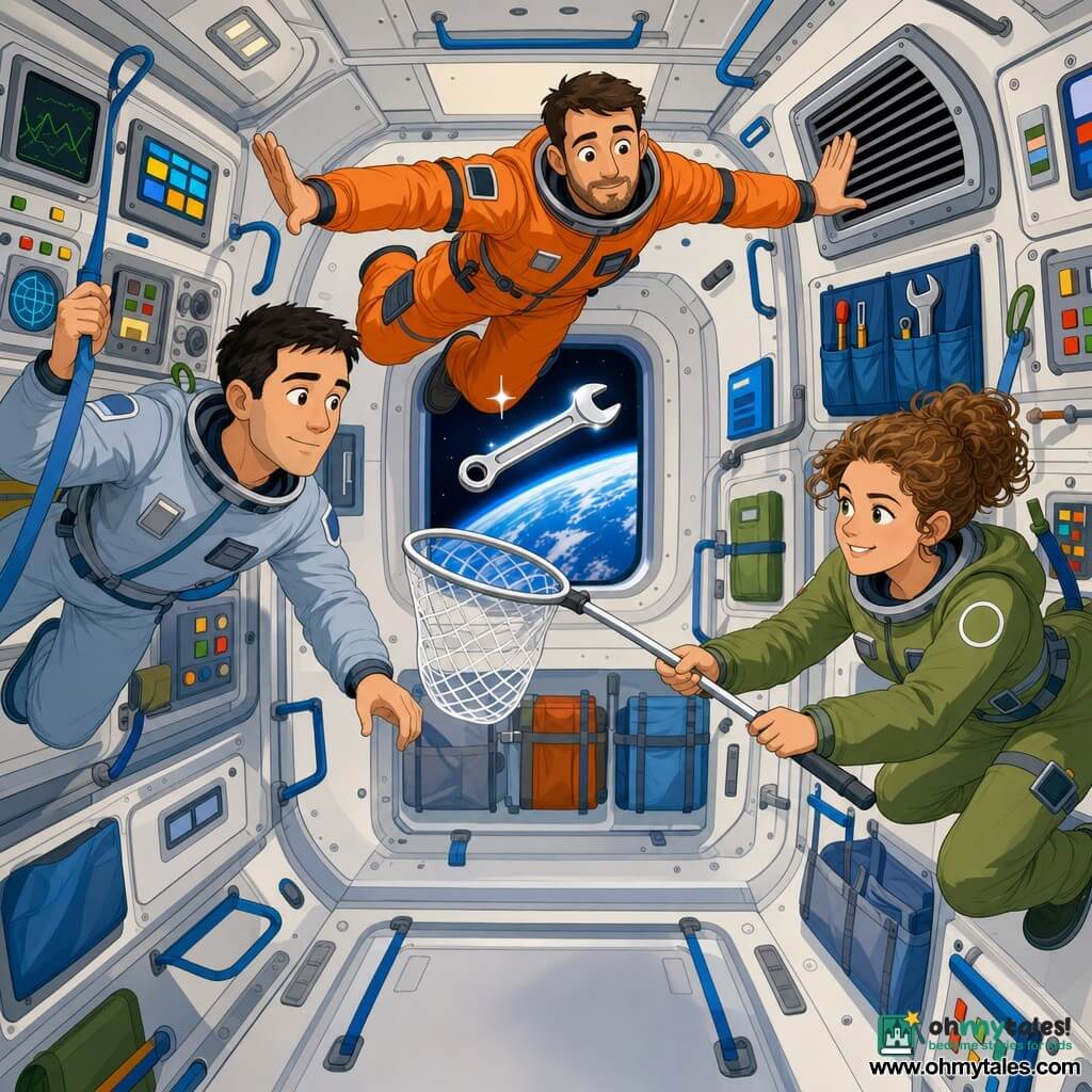 An adult man (Leon, ~35), focused and calm with short black hair in a blue-gray lightweight spacesuit, floats in microgravity holding a strap and watching a small silver tool drift; an adult woman (Keisha, ~40) with a determined smile and tied curly hair in an olive suit extends a pole with a soft net to catch a floating wrench to the right of the main character; an adult man (Oleg, ~30) with a short beard in an orange suit stands slightly back with arms out to prevent the tool entering an air vent; inside a compact module with light metal walls, colored instrument panels, handles, Velcro strips, pockets labeled TOOLS and a small porthole showing blue ocean, a shiny wrench floats center as the team calmly coordinates to retrieve it.