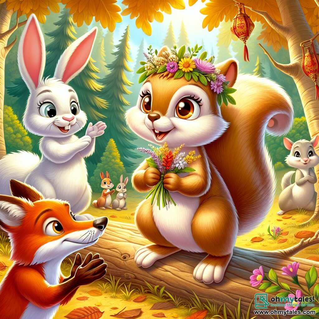 An illustration depicts a small light brown squirrel with a fluffy, expressive tail, radiating joy and curiosity. It is perched on a tree branch, eyes sparkling with excitement, holding a small crown of wildflowers as a gift. Nearby, a young white bunny with large ears and a radiant smile enthusiastically claps, its front paws raised. A young bright red fox stands beside her, arms crossed, displaying a look of wonder. The main setting is a sunny clearing in the heart of the forest, surrounded by majestic trees with golden leaves, where sunlight filters through the branches, creating bright patterns on the leaf-covered ground. Animals of all kinds gather around, creating a festive and warm atmosphere. The central scene shows the characters sharing stories and cultural traditions during the Great Forest Festival, celebrating diversity and friendship among different animal species. Additional graphic elements include flower garlands hanging from branches, colorful lanterns suspended, and animals of various sizes and colors, all united in a joyful ambiance filled with smiles and laughter.