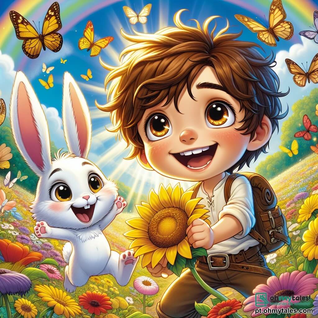 Um garoto de 6 anos chamado Lucas, com cabelos castanhos bagunçados e olhos brilhantes de curiosidade, está no centro da imagem, segurando uma flor dourada em suas pequenas mãos, com um grande sorriso iluminando seu rosto. Ao seu lado, um coelhinho branco travesso com grandes orelhas, com um olhar brincalhão, salta alegremente, pronto para acompanhá-lo na aventura. O cenário é um magnífico Vale das Borboletas Arco-Íris, cheio de flores coloridas e borboletas dançantes, criando uma atmosfera mágica. O céu é de um azul brilhante, salpicado de nuvens fofas, enquanto raios de sol iluminam a cena, fazendo a flor dourada que Lucas segura brilhar com orgulho. A situação principal mostra Lucas e seu amigo coelhinho celebrando sua vitória após encontrar a Flor do Sol, cercados por borboletas coloridas que voam ao redor deles, acrescentando um toque de magia a este momento de alegria e realização.
