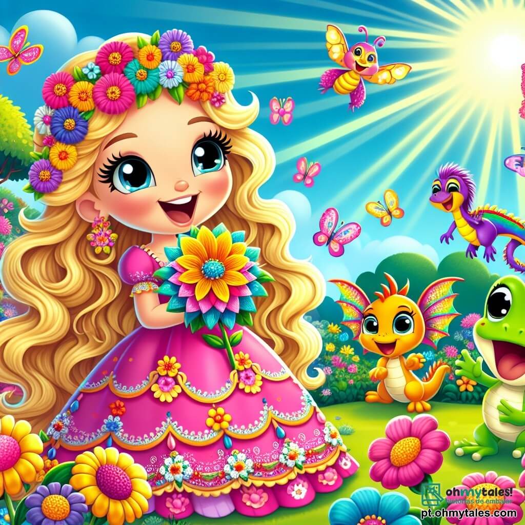 Uma princesa alegre, com longos cabelos dourados brilhantes como raios de sol, usa um vestido rosa vibrante adornado com flores coloridas. Ela sorri com olhos brilhantes de excitação, segurando uma grande flor colorida nas mãos. Ao seu lado, um pequeno dragão chamado Pipo, do tamanho de um gato, tem escamas multicoloridas e asas delicadas, batendo as asas com entusiasmo. Um sapo engraçado, chamado Sapinho, com pele verde brilhante e olhos redondos, salta alegremente ao redor deles, rindo alto. Eles estão em um jardim mágico, cheio de flores coloridas, borboletas dançantes e árvores majestosas com folhas douradas. O sol brilha em um céu azul claro, criando uma atmosfera alegre e luminosa. A princesa Lili, Pipo e Sapinho estão procurando a Flor da Alegria, que está escondida atrás de uma grande árvore, rindo e brincando de esconde-esconde. A atmosfera é repleta de risos e felicidade, com flores que parecem dançar ao redor deles.