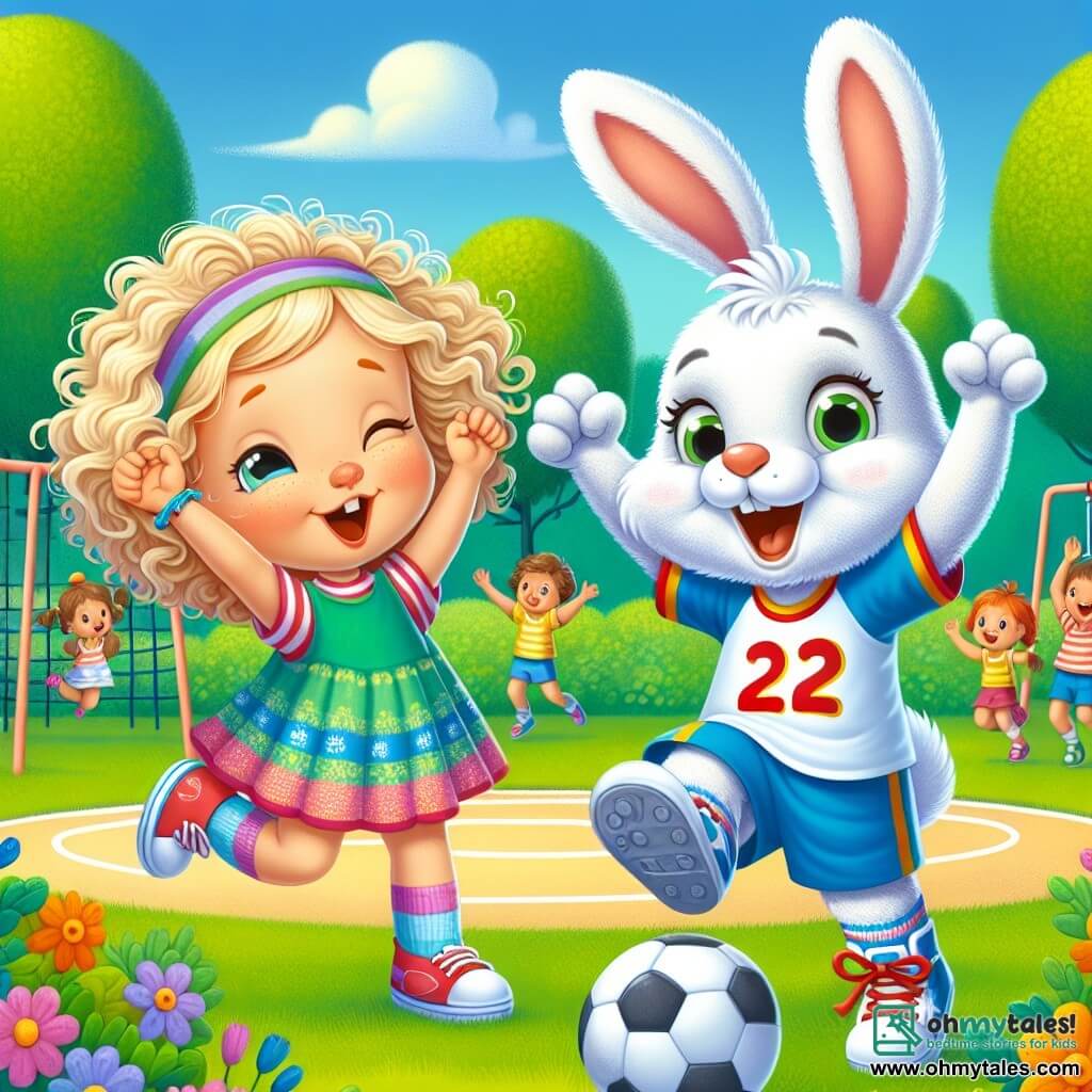 A 2-year-old girl with curly blonde hair is wearing a colorful dress and sneakers. She is joyfully smiling, raising her arms in the air after scoring a goal in handball. Next to her, an anthropomorphic rabbit with white fur and big ears is wearing a small sports jersey. It jumps for joy, with its paws raised, cheering her on. The scene is set in a sunny park with green grass, colorful flowers, and a blue sky dotted with white clouds. In the background, majestic trees and children playing on swings can be seen. The main situation shows the little girl celebrating her victory after scoring a goal in a handball match, surrounded by her friends who are clapping and having fun.